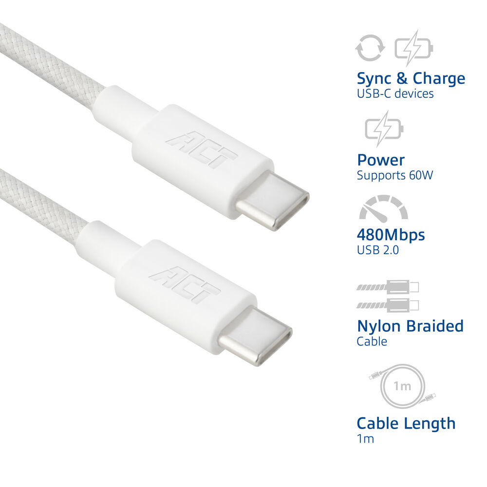 ACT USB-Kabel, USB-C, 60W, 1m, Wit