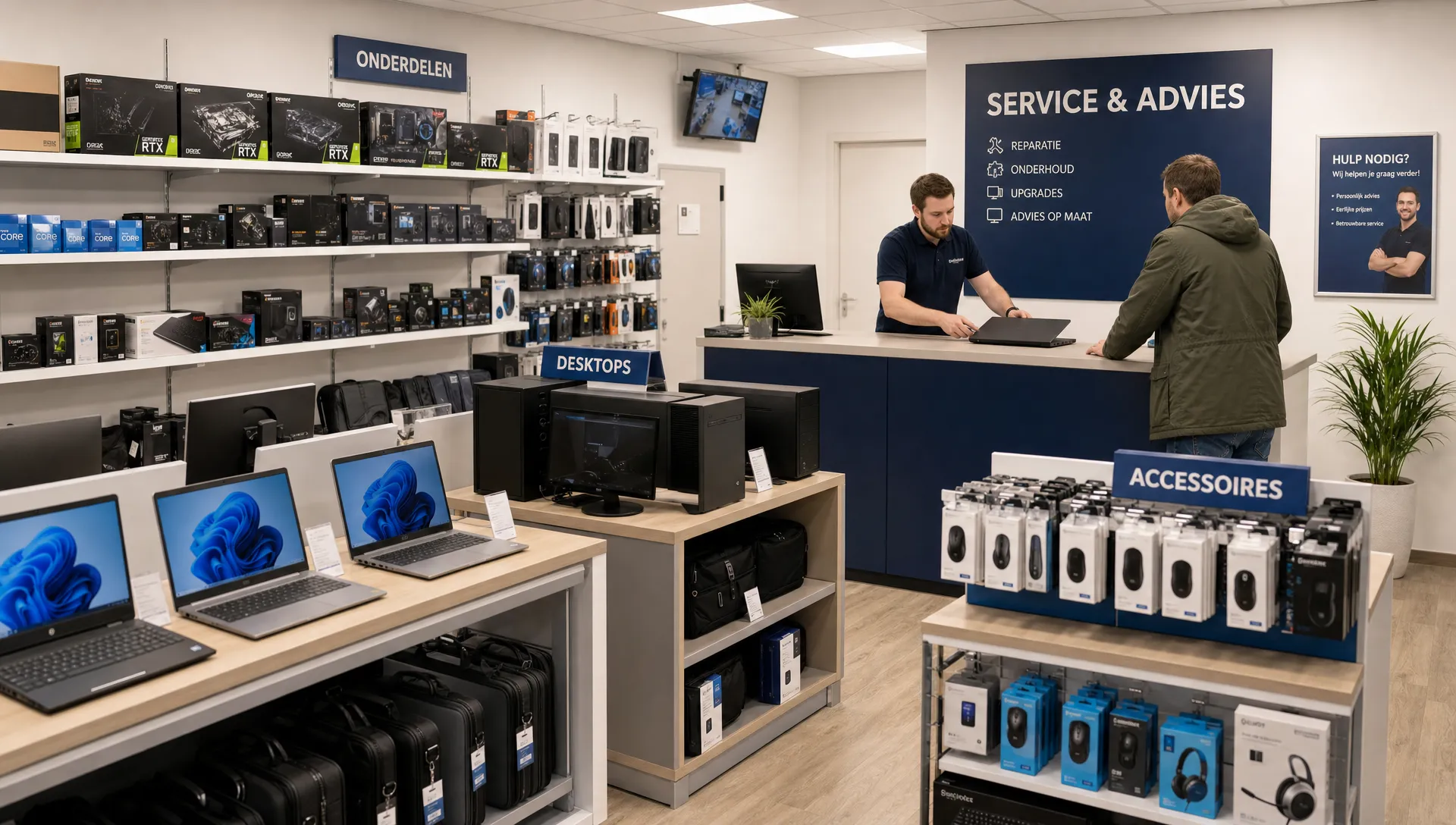 Een overzichtelijke computerzaak met laptops, desktops, onderdelen en accessoires op tafels, met een servicebalie waar een technicus een gesloten laptop controleert terwijl een klant advies krijgt.