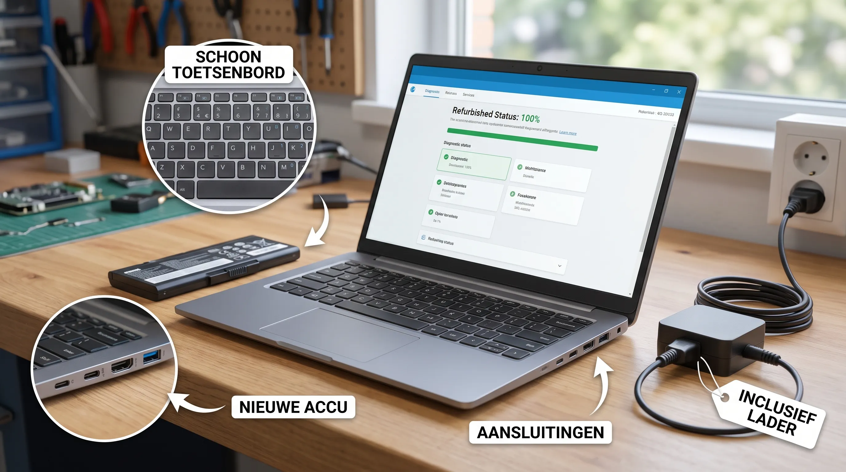 Een refurbished laptop op een werktafel met aandacht voor accu, scherm, toetsenbord, aansluitingen en lader.