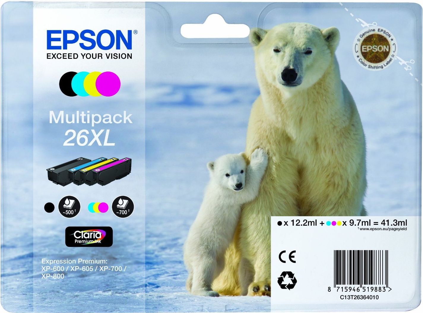 Epson inkt 26XL, T2636, BK/C/M/Y Multipack