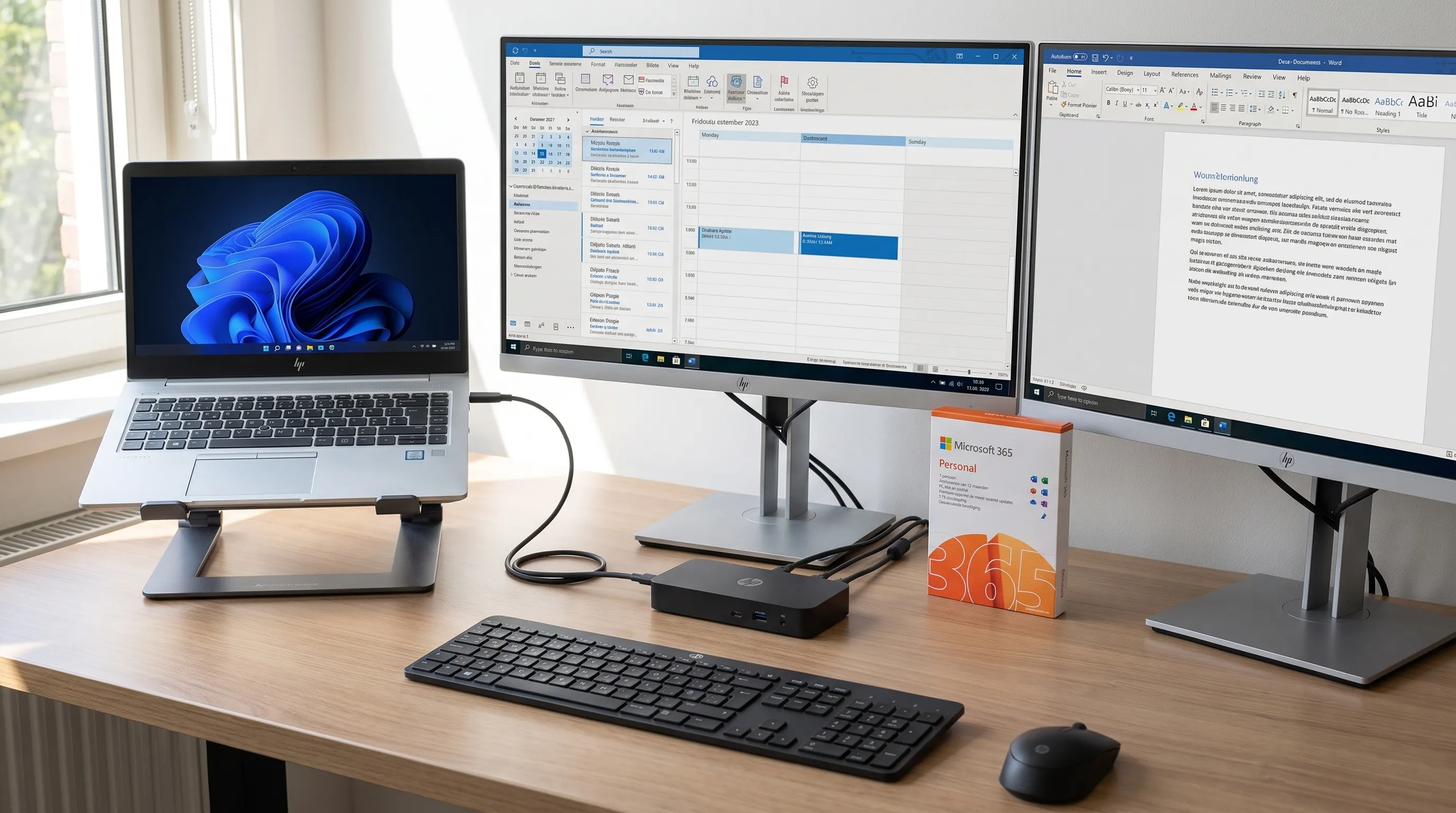 Een HP laptop op een standaard is aangesloten op een compact dockingstation naast twee monitoren, toetsenbord en muis op een thuiswerkbureau.