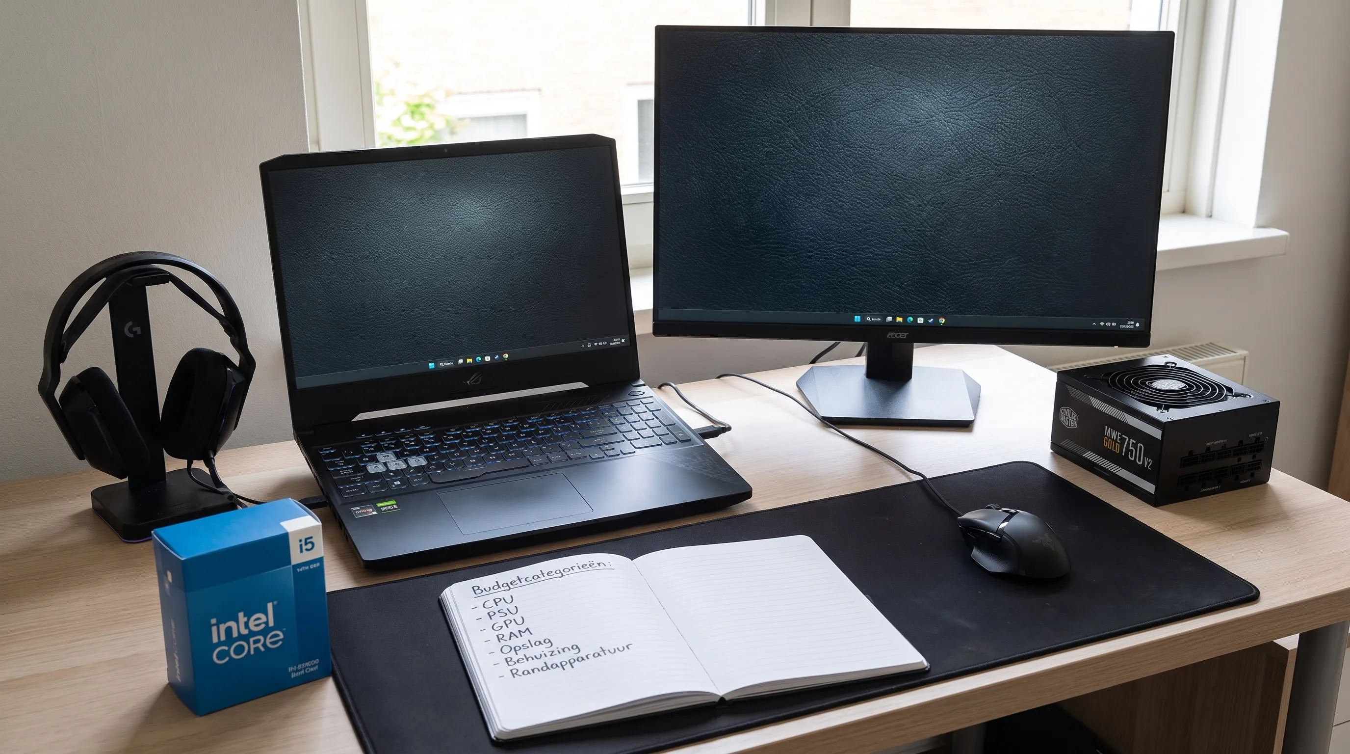 Een gaming laptop op een opgeruimd bureau met een headset, gamingmuis, een externe monitor en een notitieblok met budgetcategorieën; het laptopscherm en de monitor staan naar voren gericht en tonen een rustige donkere achtergrond zonder tekst.