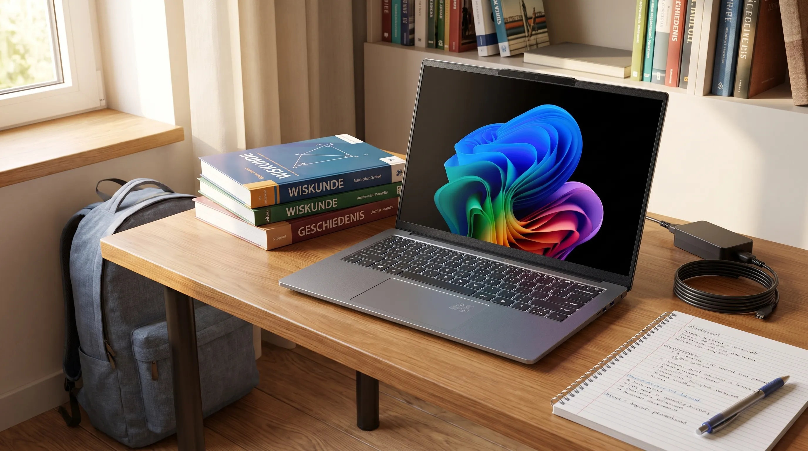 Een open laptop op een bureau met studieboeken, een notitieblok, een oplader en een rugzak ernaast, gezien schuin van opzij in een rustige studeerhoek; de werkplek oogt georganiseerd voor een schooldag.
