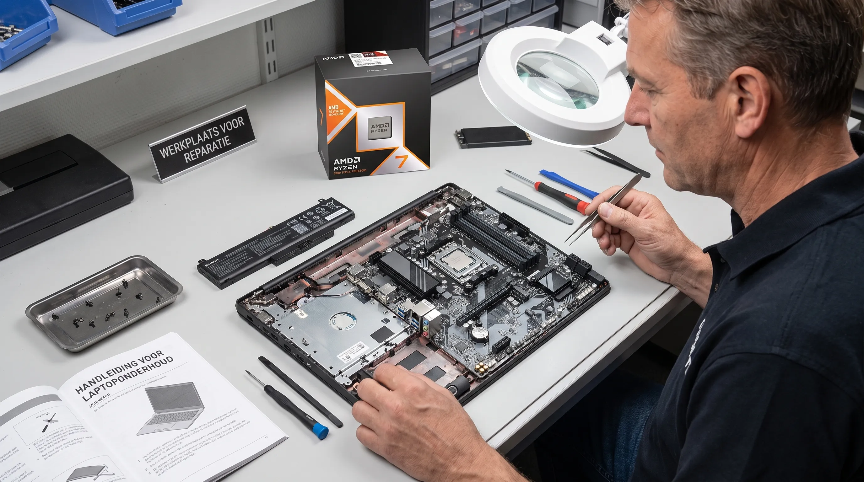 Een ervaren laptopmonteur onderzoekt een geopende laptop op een werkbank, met kleine gereedschappen, een losse accu en een overzichtelijke set onderdelen naast het apparaat.