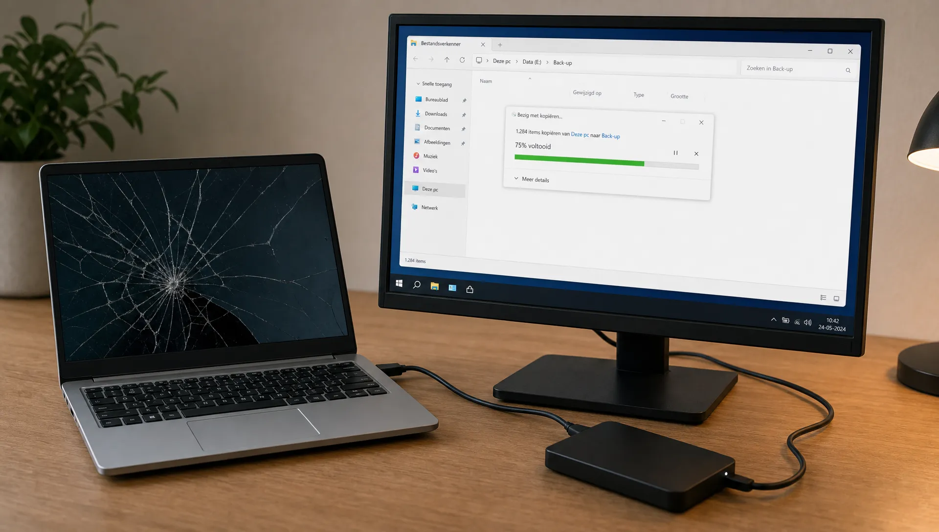 Een laptop met een gebarsten scherm staat op een bureau en is aangesloten op een externe monitor, met een externe harde schijf ernaast voor het maken van een back-up.