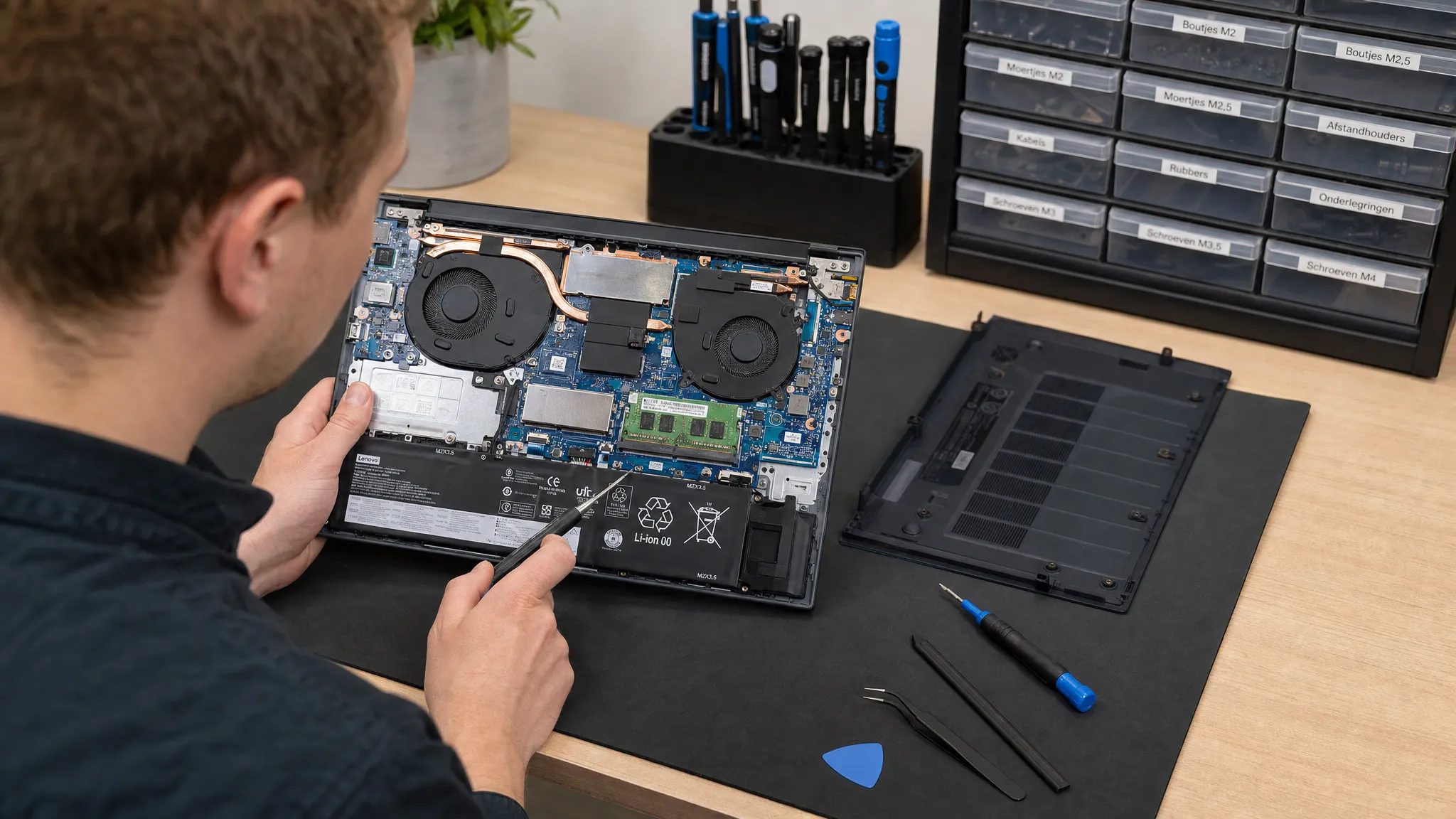 Een technicus bekijkt een geopende notebook op een werkbank, met het toetsenbord, de koeling, de accu en kleine gereedschappen duidelijk zichtbaar naast het apparaat.