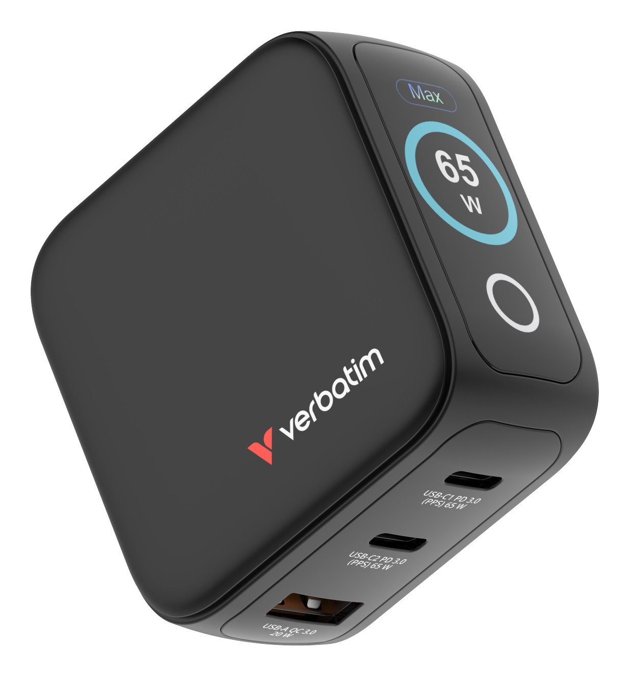 Verbatim Mini GaN Lader  met display, 65W, 2x USB-C, 1x USB-A
