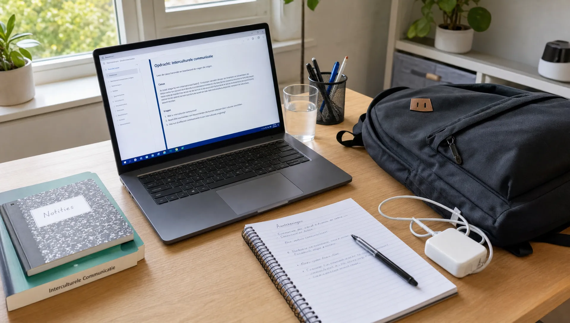 Een rustige studeerhoek met een open laptop, notitieboek, rugzak en oplader op een bureau, gezien vanaf iets schuin boven het werkblad, met daglicht en een opgeruimde thuiswerkplek voor een mbo-student.