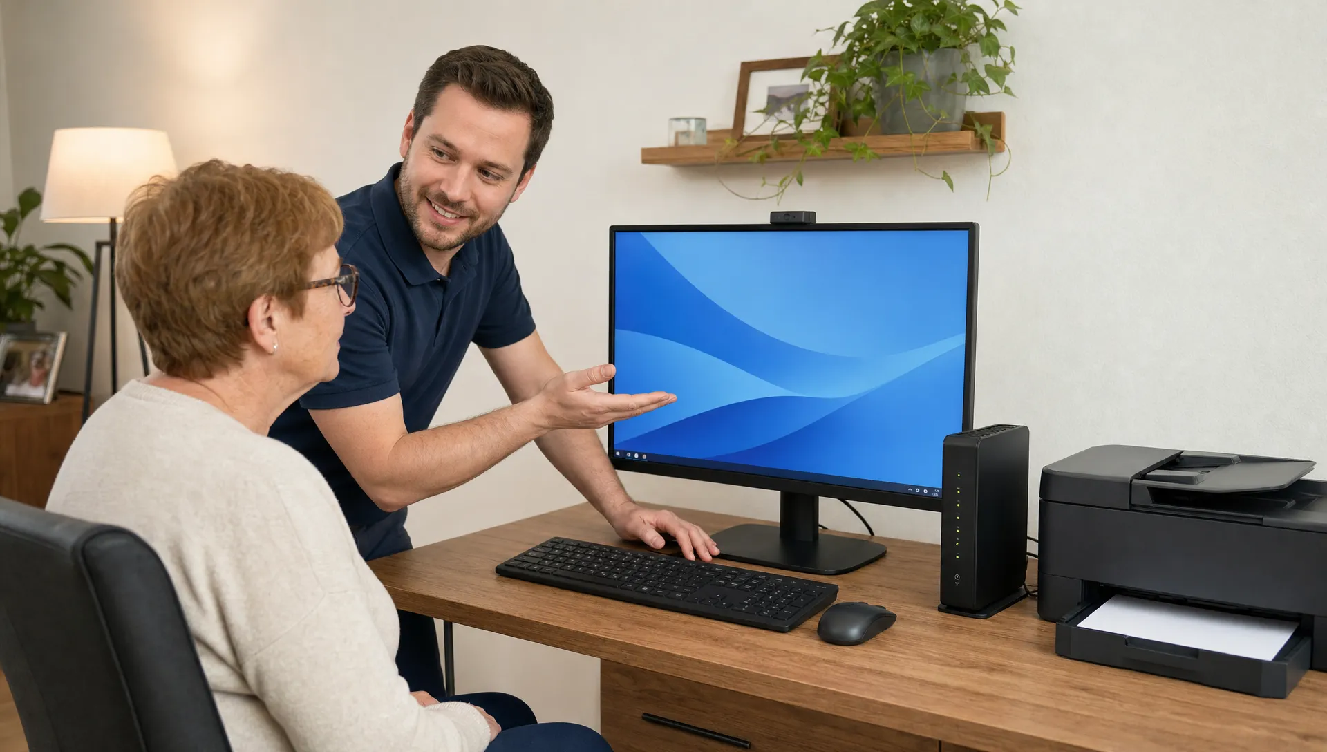 Een technicus helpt thuis met een desktop, modem en printer op een bureau, met de beeldschermen naar de camera gericht en zonder leesbare persoonlijke gegevens op de schermen.