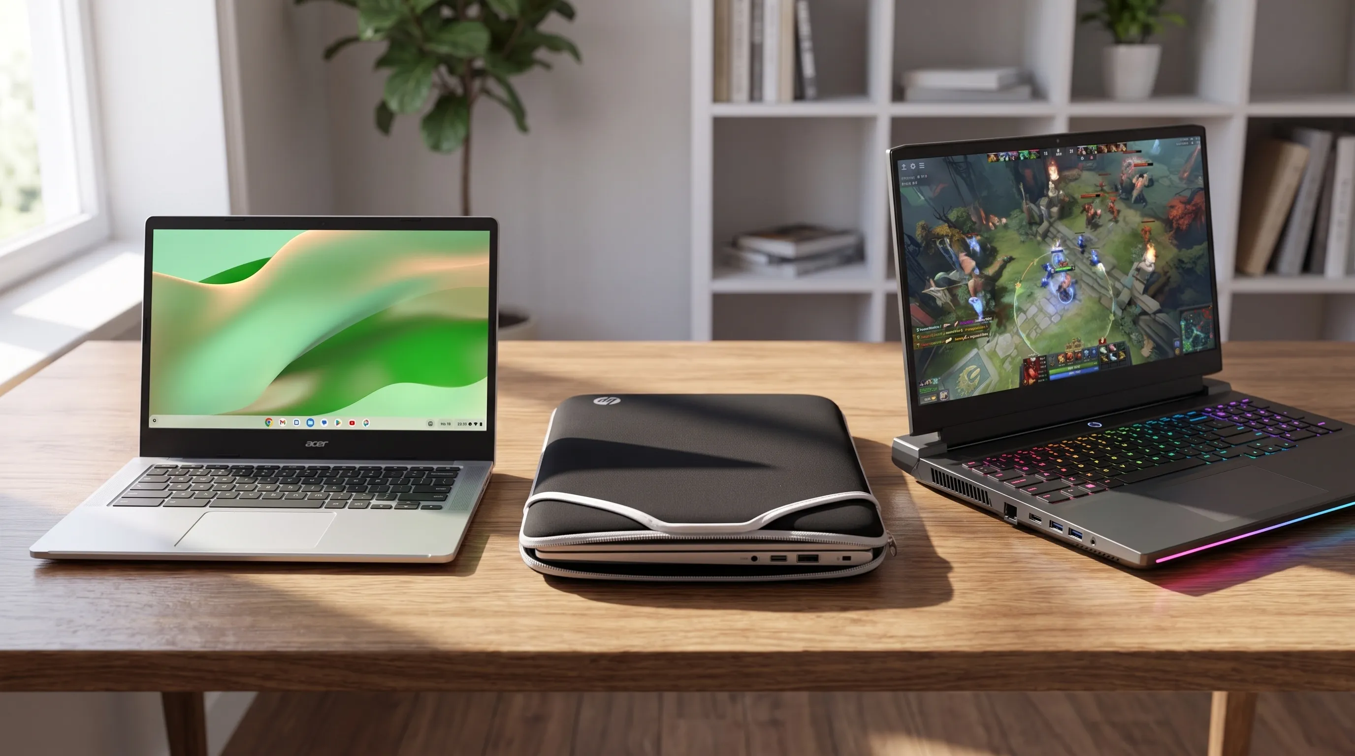 Drie verschillende laptops naast elkaar, met een compacte laptop in beschermhoes, een werklaptop en een gaming laptop op tafel.