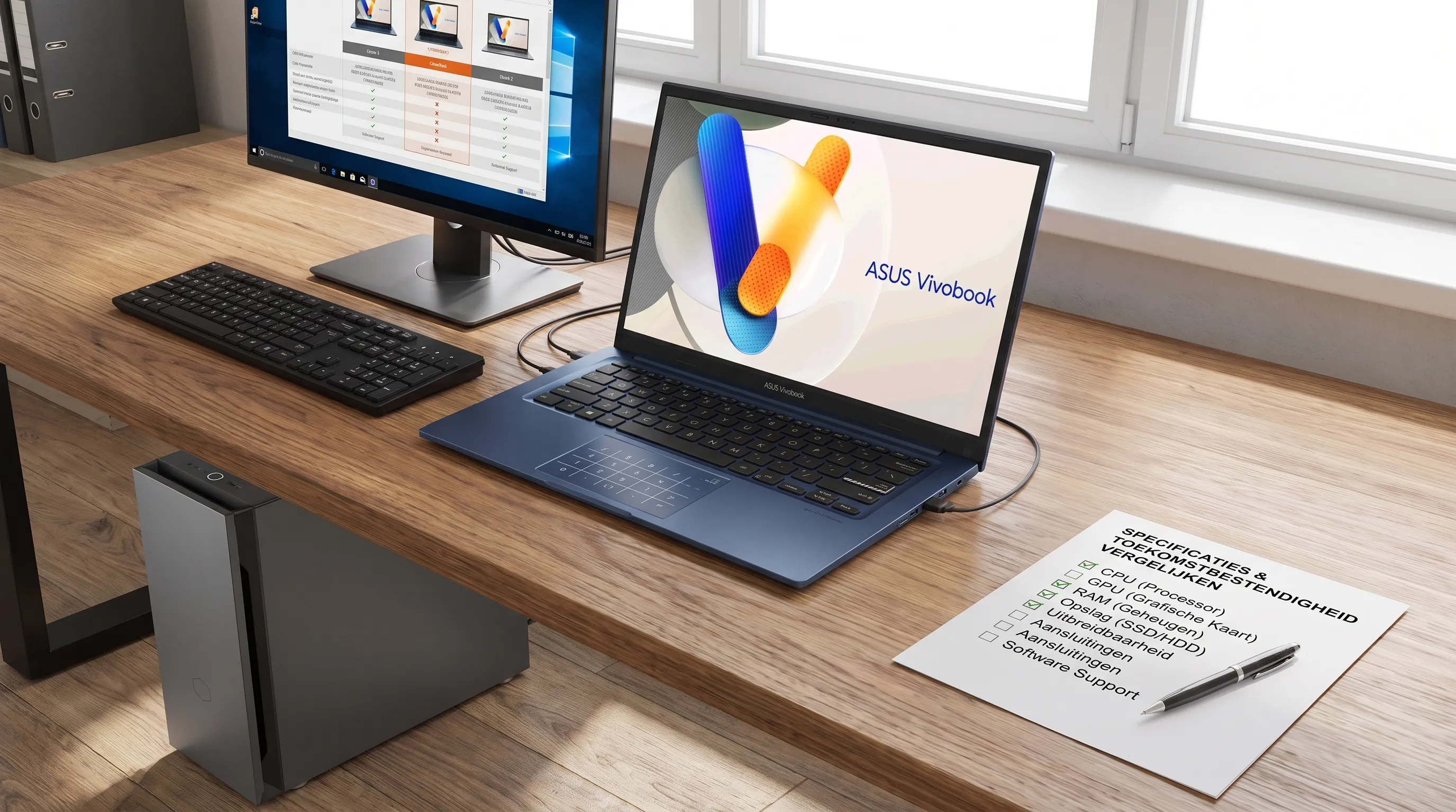 Een bureau met een laptop, desktop en monitor naast een checklist laat zien hoe je specificaties en toekomstbestendigheid vergelijkt.