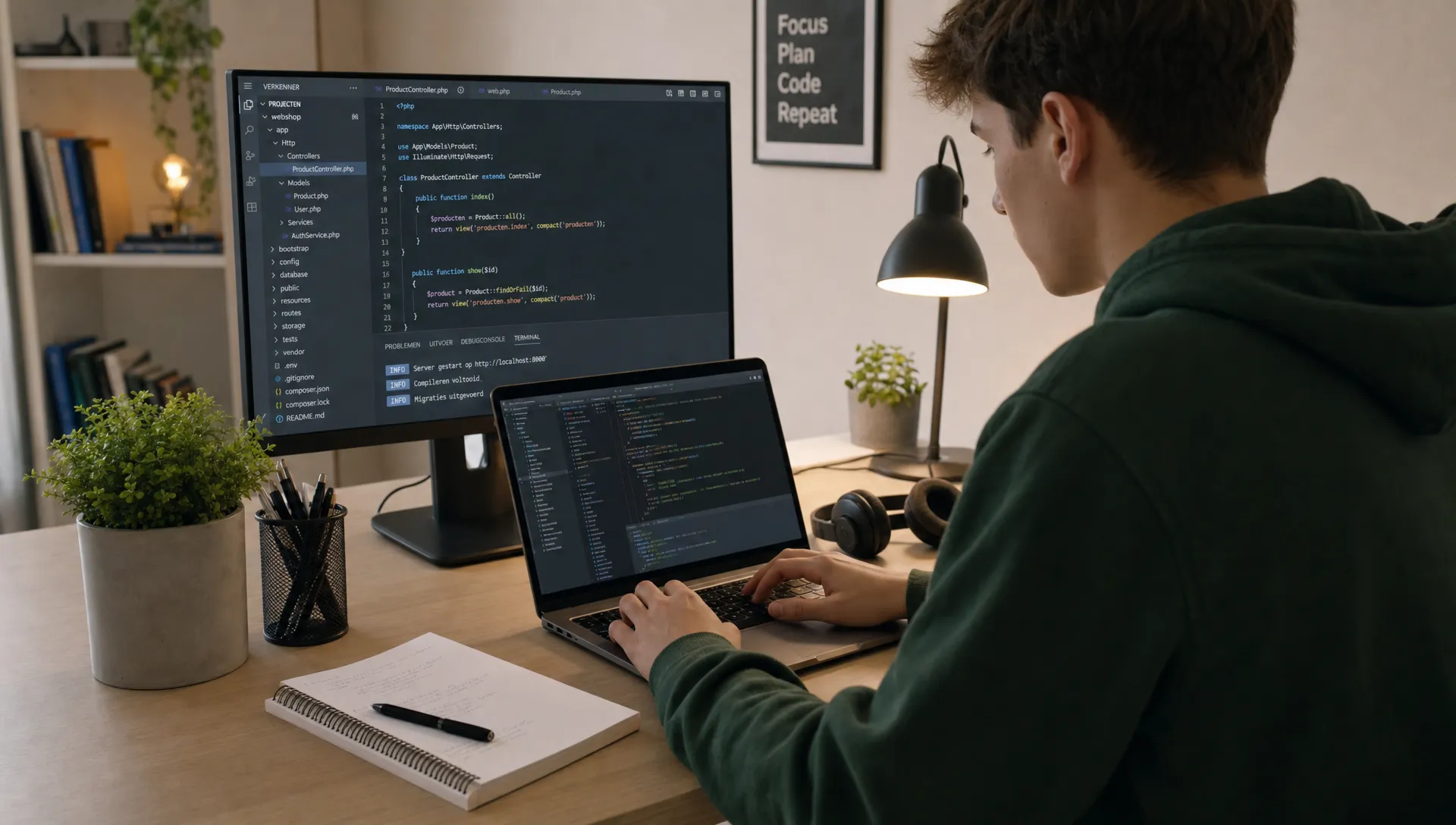 Een student werkt aan programmeercode op een laptop op een opgeruimd bureau, met daarnaast een notitieboek, koptelefoon en een tweede monitor met een overzichtelijke ontwikkelomgeving.