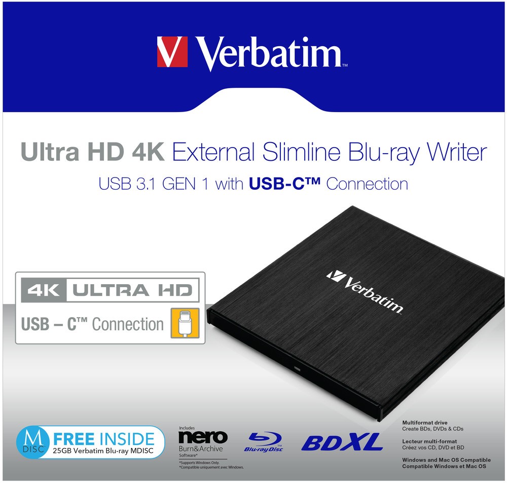 Verbatim Slimline Externe Blu-Ray Brander, USB-C 3.0, Zwart
