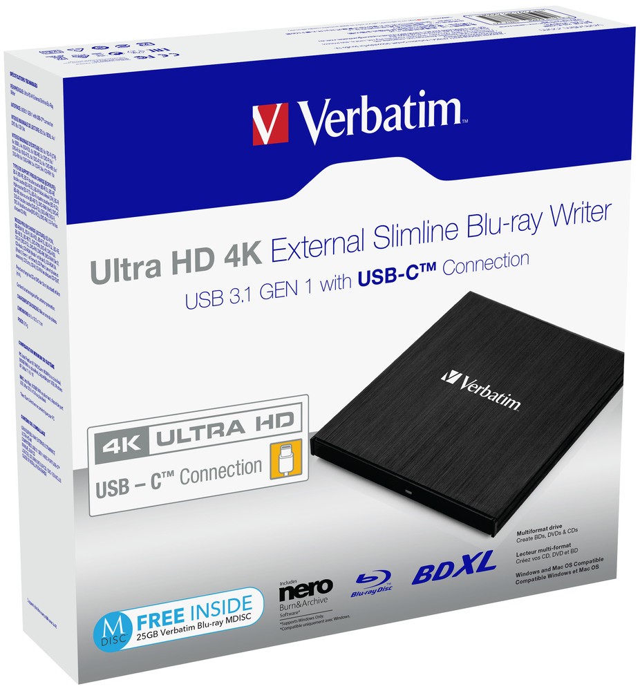 Verbatim Slimline Externe Blu-Ray Brander, USB-C 3.0, Zwart