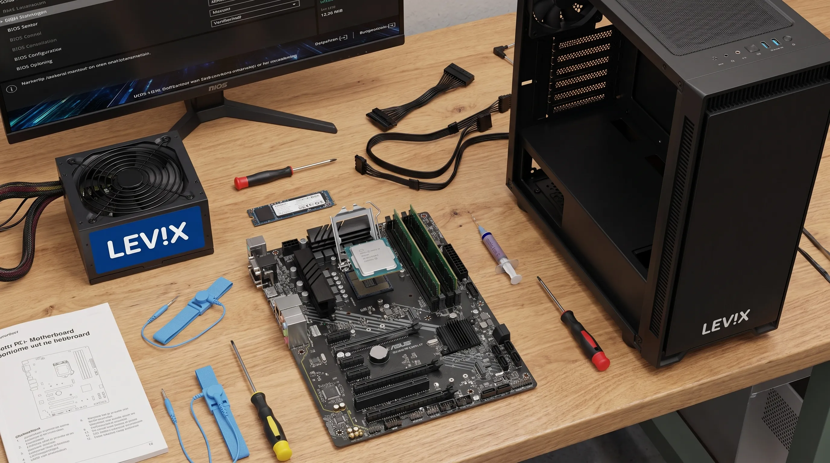 Een werktafel met moederbord, processor, werkgeheugen, SSD, voeding en behuizing klaar voor een pc-bouw.