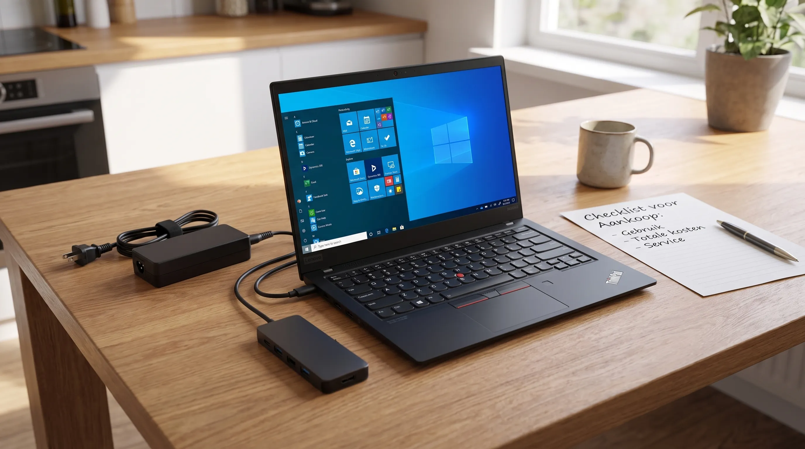 Een laptop staat open op een keukentafel naast een oplader en USB-C-adapter; op de checklist ernaast staan gebruik, totale kosten en service als punten om vóór aankoop te controleren.