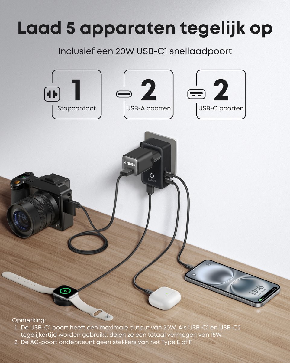 Anker Nano Travel Adapter 20W 5-in-1 Zwart