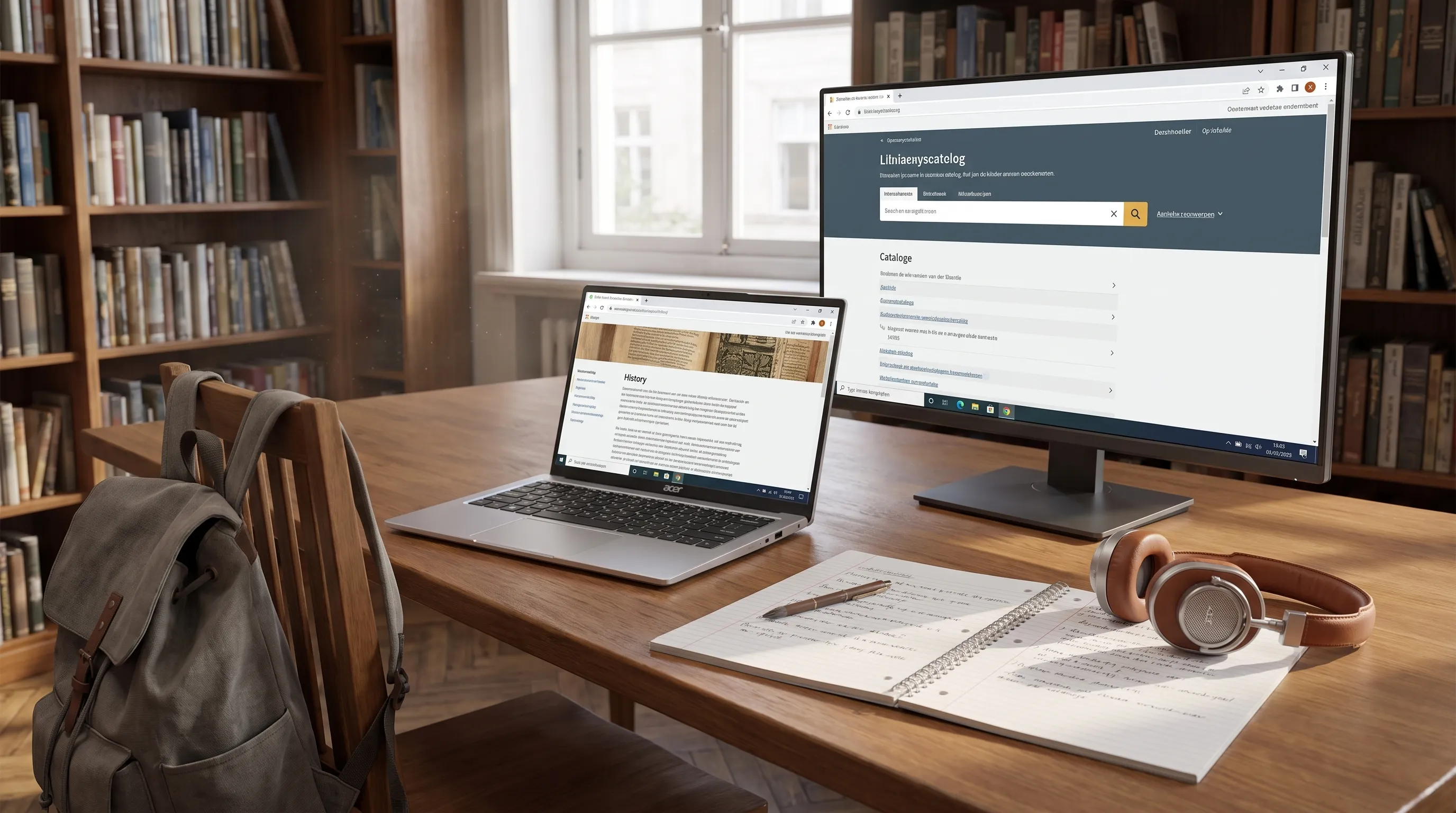 Een rustige studeerscène in een bibliotheekhoek met een lichte laptop open op tafel, een notitieboek ernaast, een koptelefoon, een rugzak op de stoel en een losse monitor verderop in beeld.