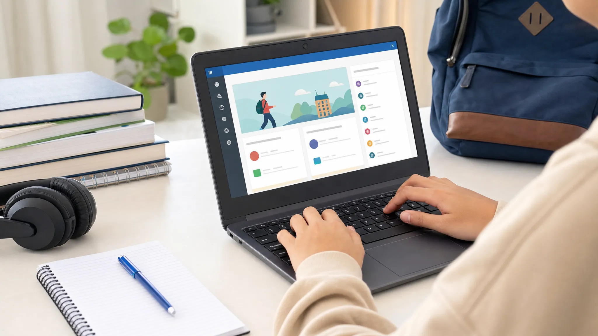 Een student werkt aan een compacte Chromebook op een bureau met studieboeken, een notitieblok, een koptelefoon en een rugzak ernaast, waarbij het scherm naar voren staat en een eenvoudige online leeromgeving zonder leesbare tekst toont.