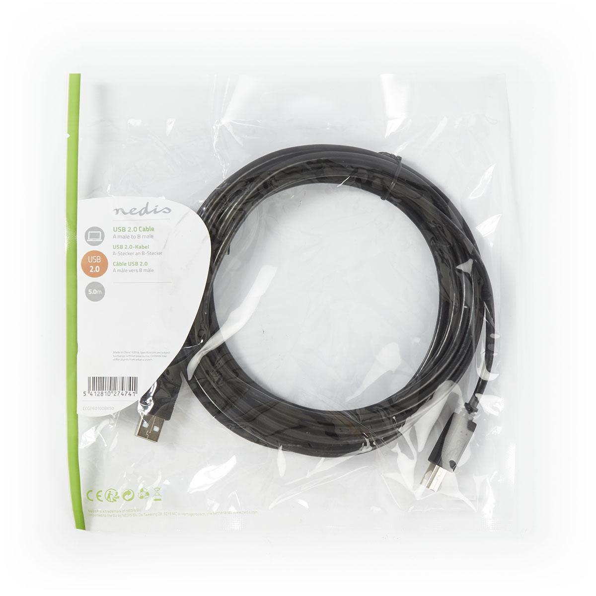 Nedis USB 2.0 kabel A Male - B Male, 5m, Zwart