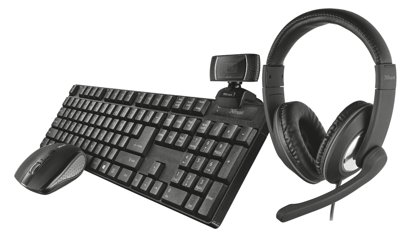 Trust Combo Qoby 4-in-1 Home Office Set, Toetsenbord, Muis, Webcam, Headset