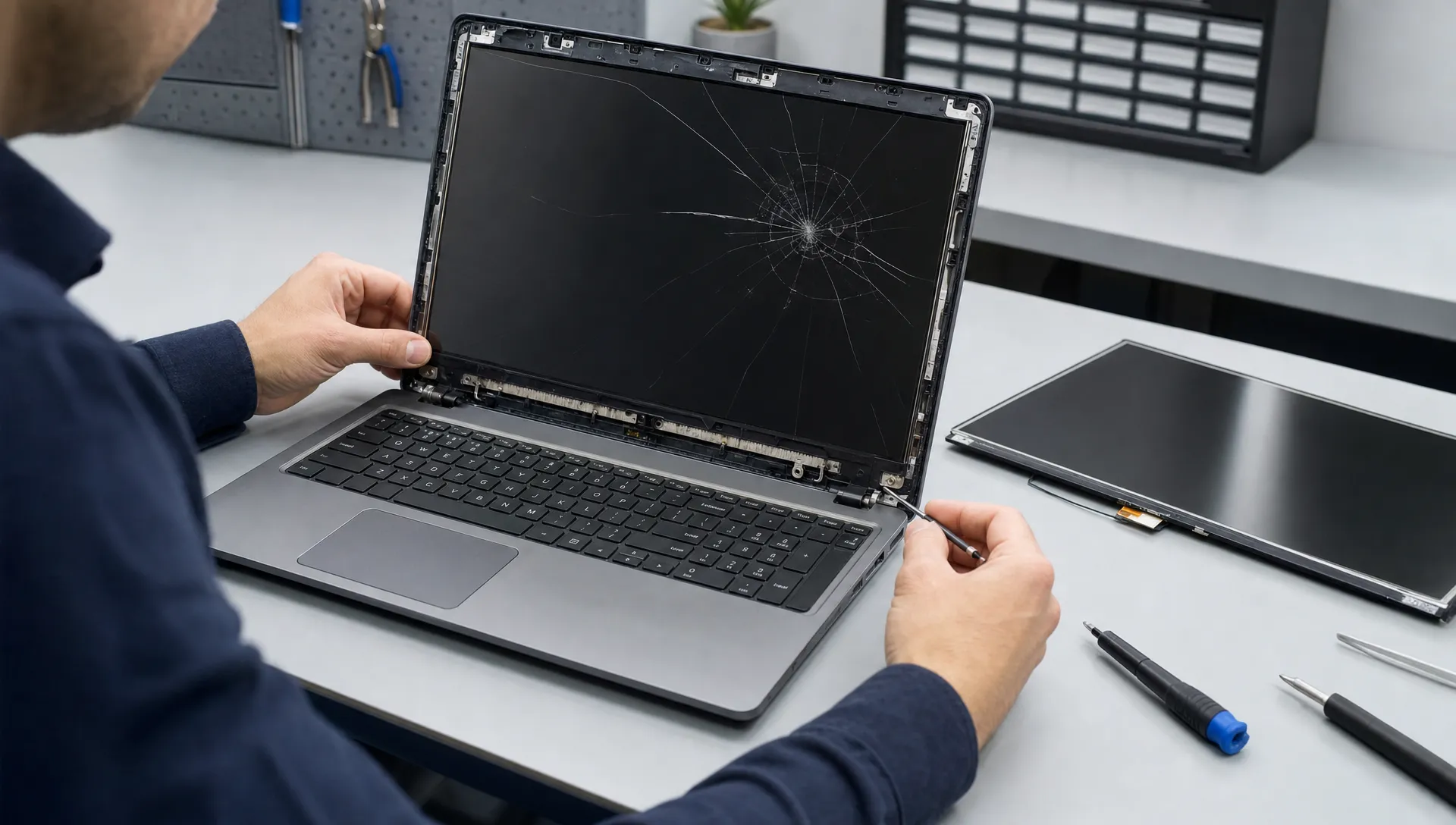 Een open laptop met een gebarsten scherm staat op een schone werkbank, terwijl een technicus de schermrand en scharnieren controleert met kleine schroevendraaiers en een los schermpaneel ernaast ligt.
