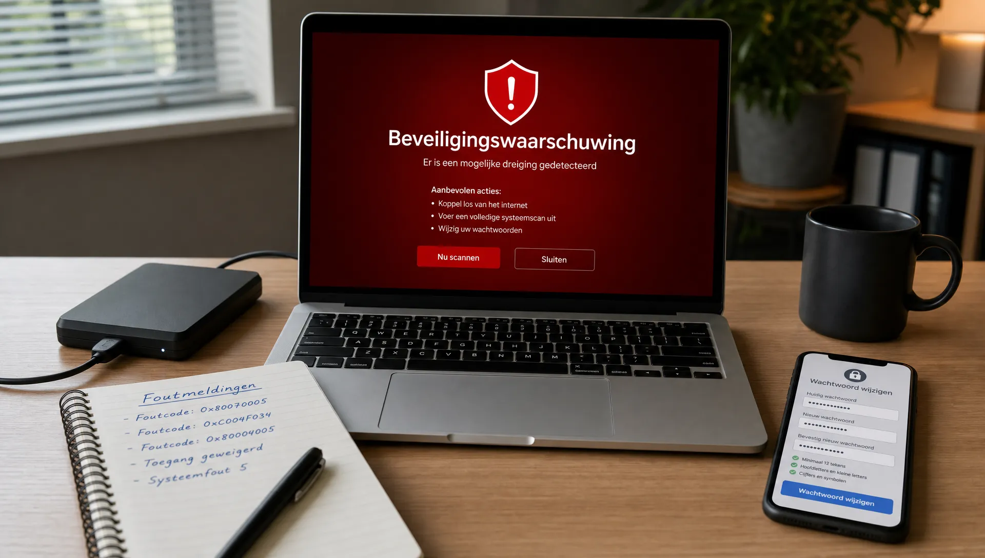 Een laptop op een bureau, open naar de kijker gericht, met een duidelijke beveiligingswaarschuwing op het scherm. Naast de laptop liggen een externe harde schijf, een notitieboekje met genoteerde foutmeldingen en een smartphone voor veilige wachtwoordwijzigingen.