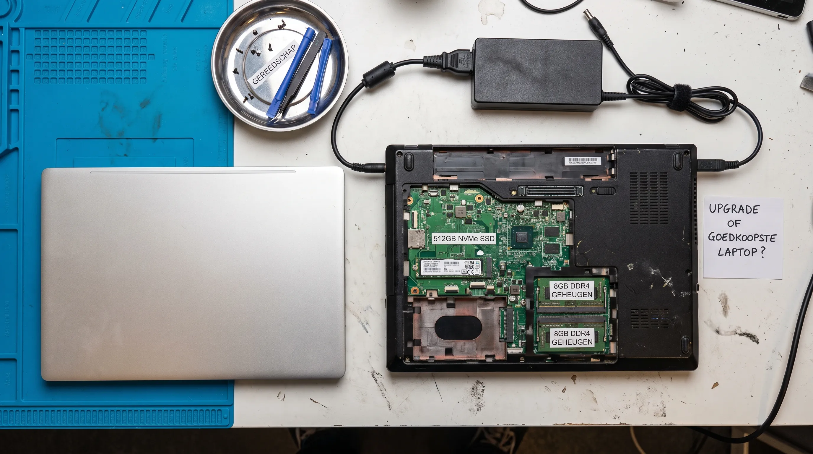 Twee laptops worden op een werkbank vergeleken, waarbij de open behuizing de SSD en het werkgeheugen toont om de laptop goedkoopste af te wegen.