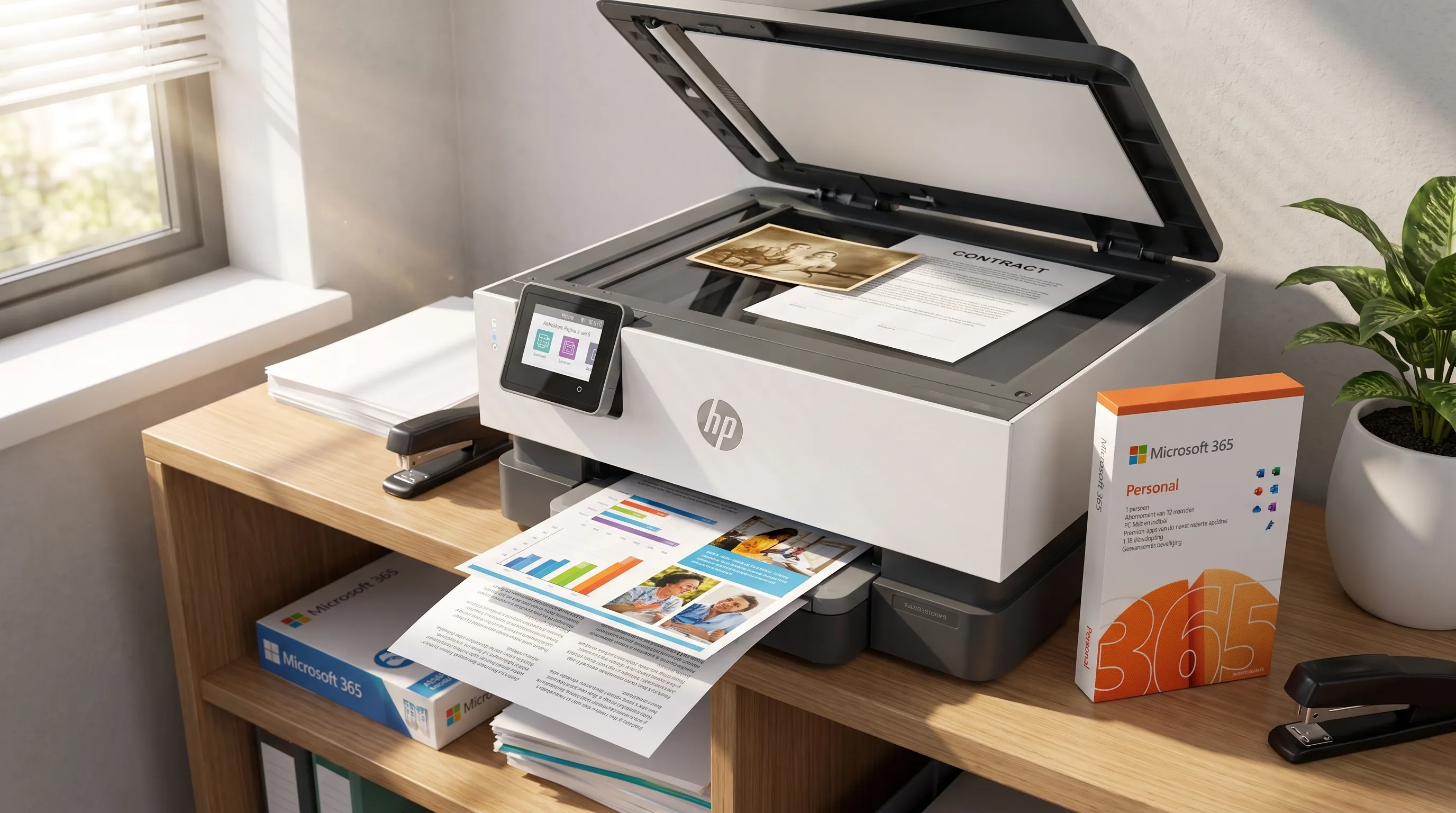 Een all-in-oneprinter op een kantoorplank print een tekstdocument en kleurenpagina, met originelen klaar om te scannen.