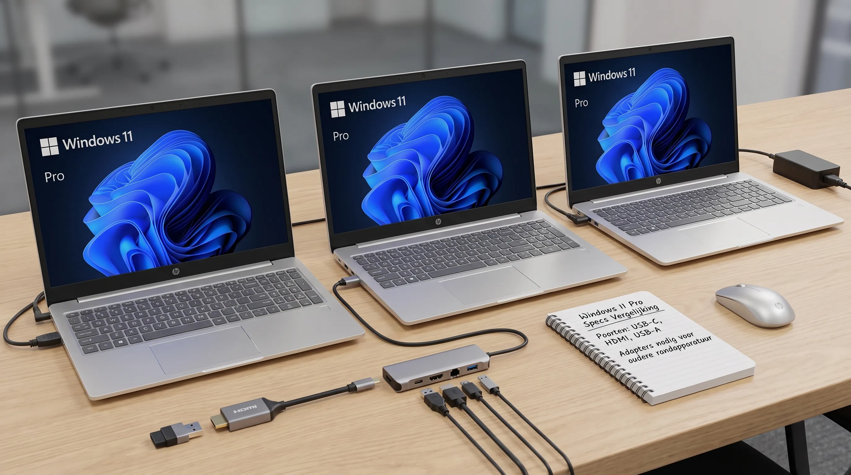Drie laptops naast elkaar met een muis, notitieblok en adapters laten Windows 11-specificaties en aansluitingen vergelijken.