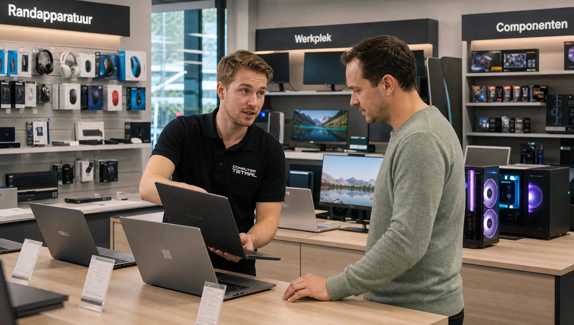 Een klant bespreekt verschillende laptops en computeraccessoires met een adviseur in een moderne computer winkel, met desktops, monitoren en randapparatuur overzichtelijk op de achtergrond.