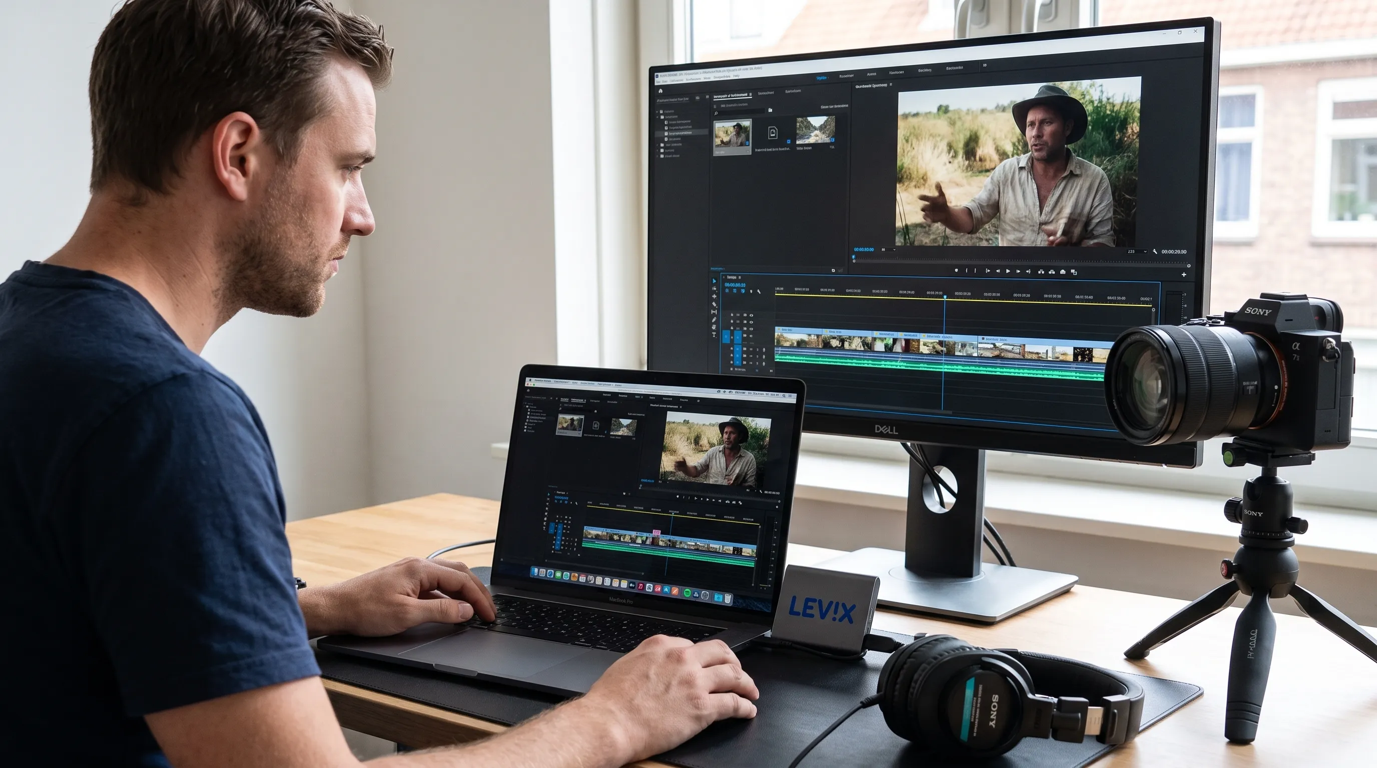 Een videomonteur werkt achter een laptop en extern beeldscherm met een tijdlijn en voorbeeldbeeld, naast een camera, externe SSD en hoofdtelefoon.