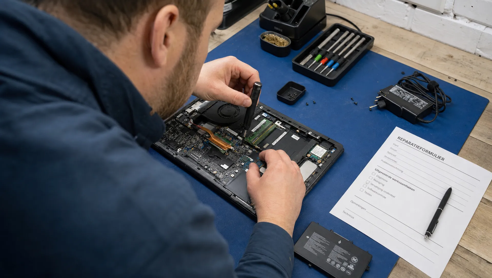 Een technicus onderzoekt een geopende laptop op een werkbank met klein gereedschap, een losse accu, een adapter en een notitieformulier naast het apparaat. De scène laat een zorgvuldige diagnose van een laptopprobleem zien.