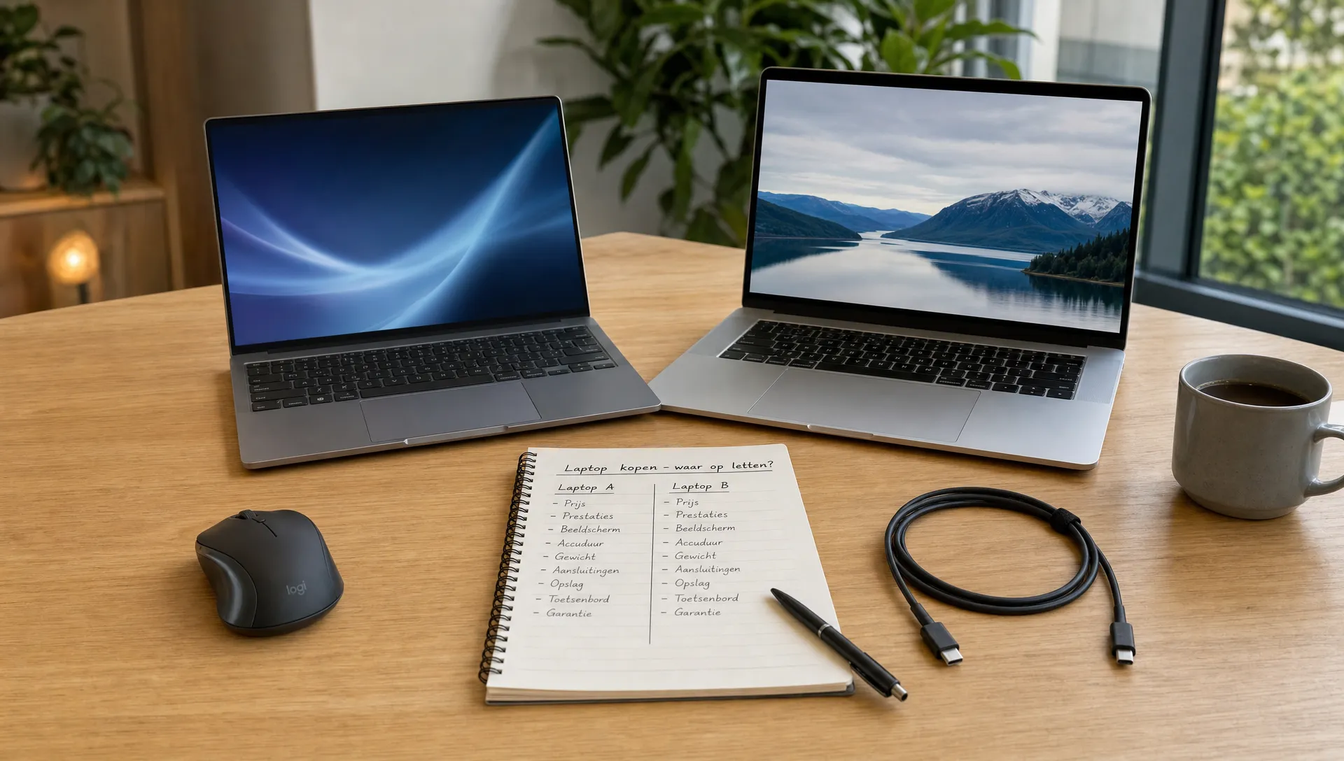 Een overzichtelijke tafel met twee open laptops, een notitieblok en accessoires zoals een muis en USB-C kabel om laptop kopen waar op letten te vergelijken.