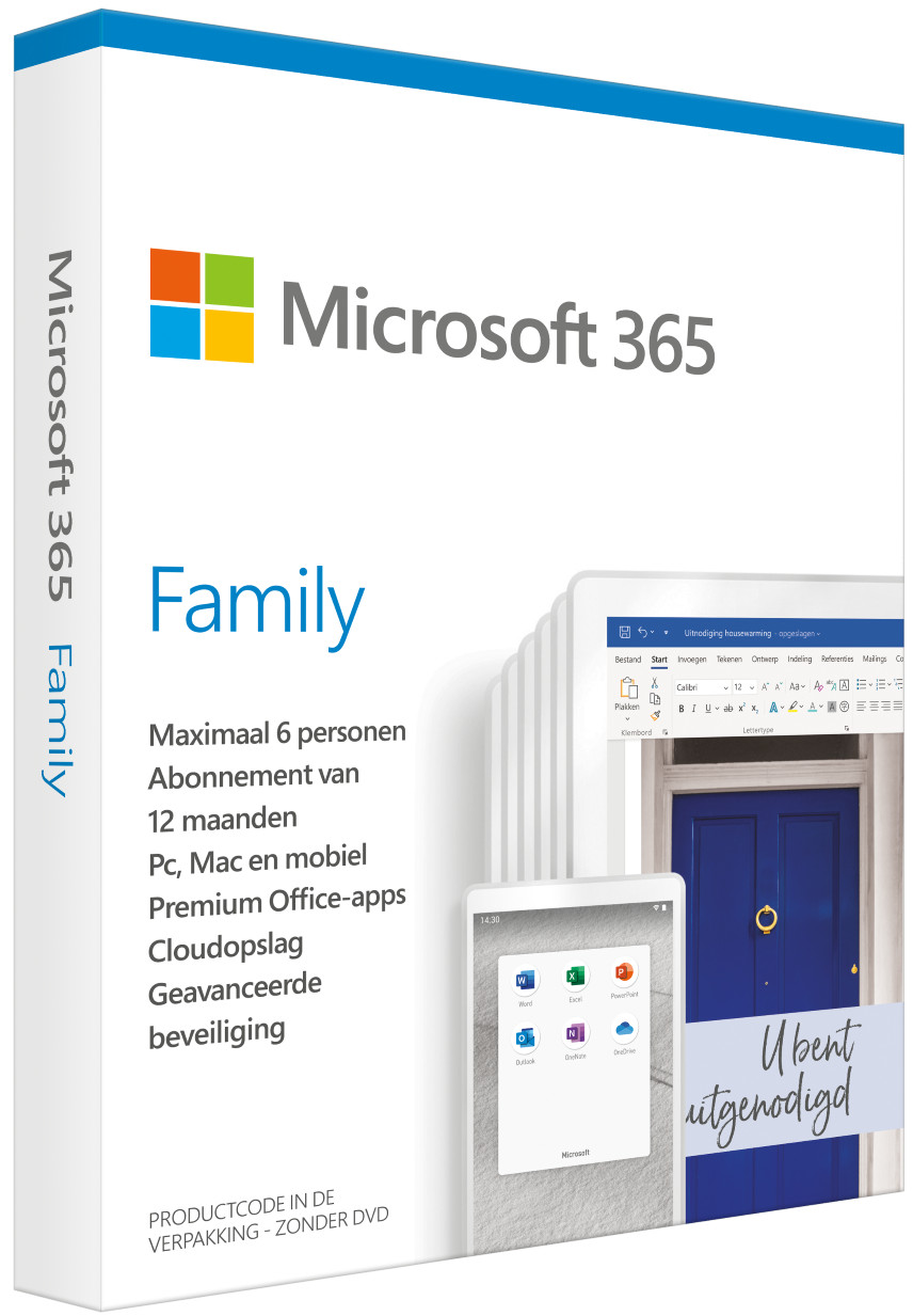 Microsoft Office 365 Family, 1 jaar, 1PC, Mac of Mobiel