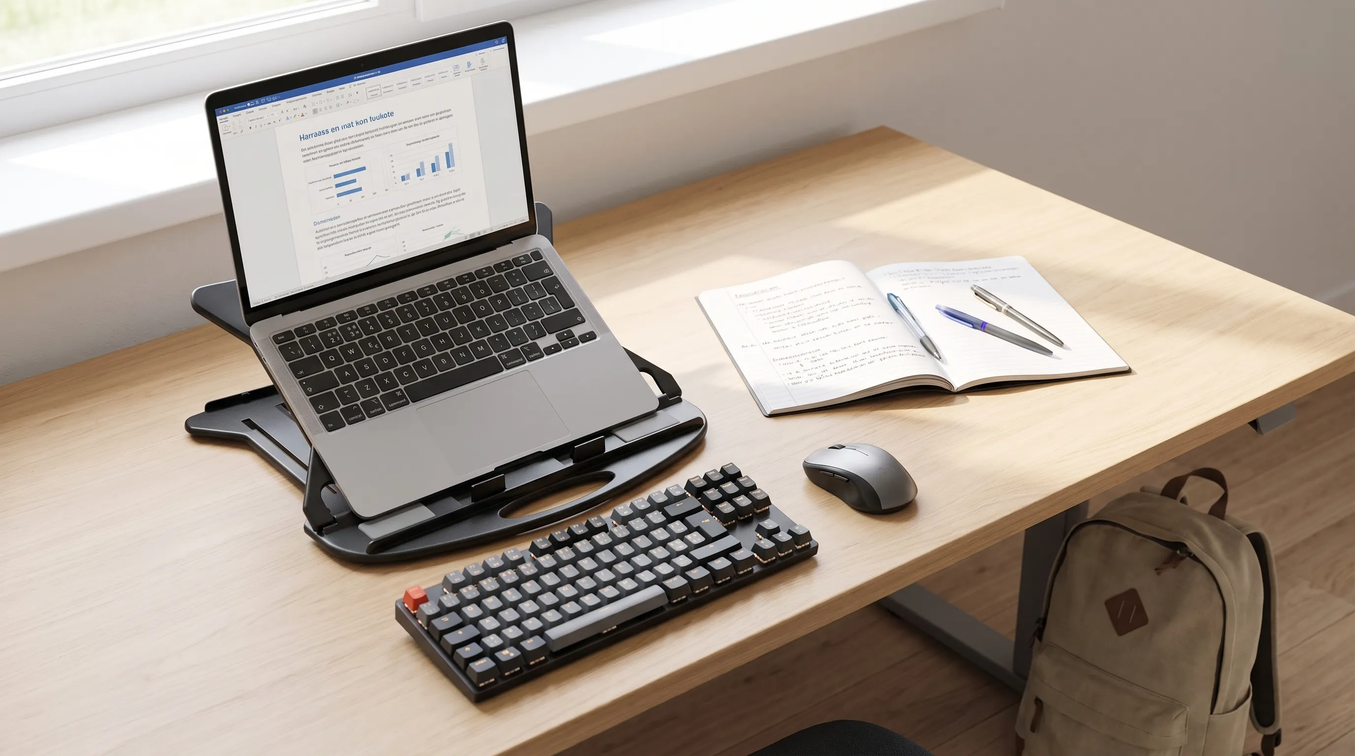Een student werkt aan een opgeruimd bureau met een laptop op een verstelbare standaard, een los toetsenbord, muis, notitieboek en rugzak ernaast.