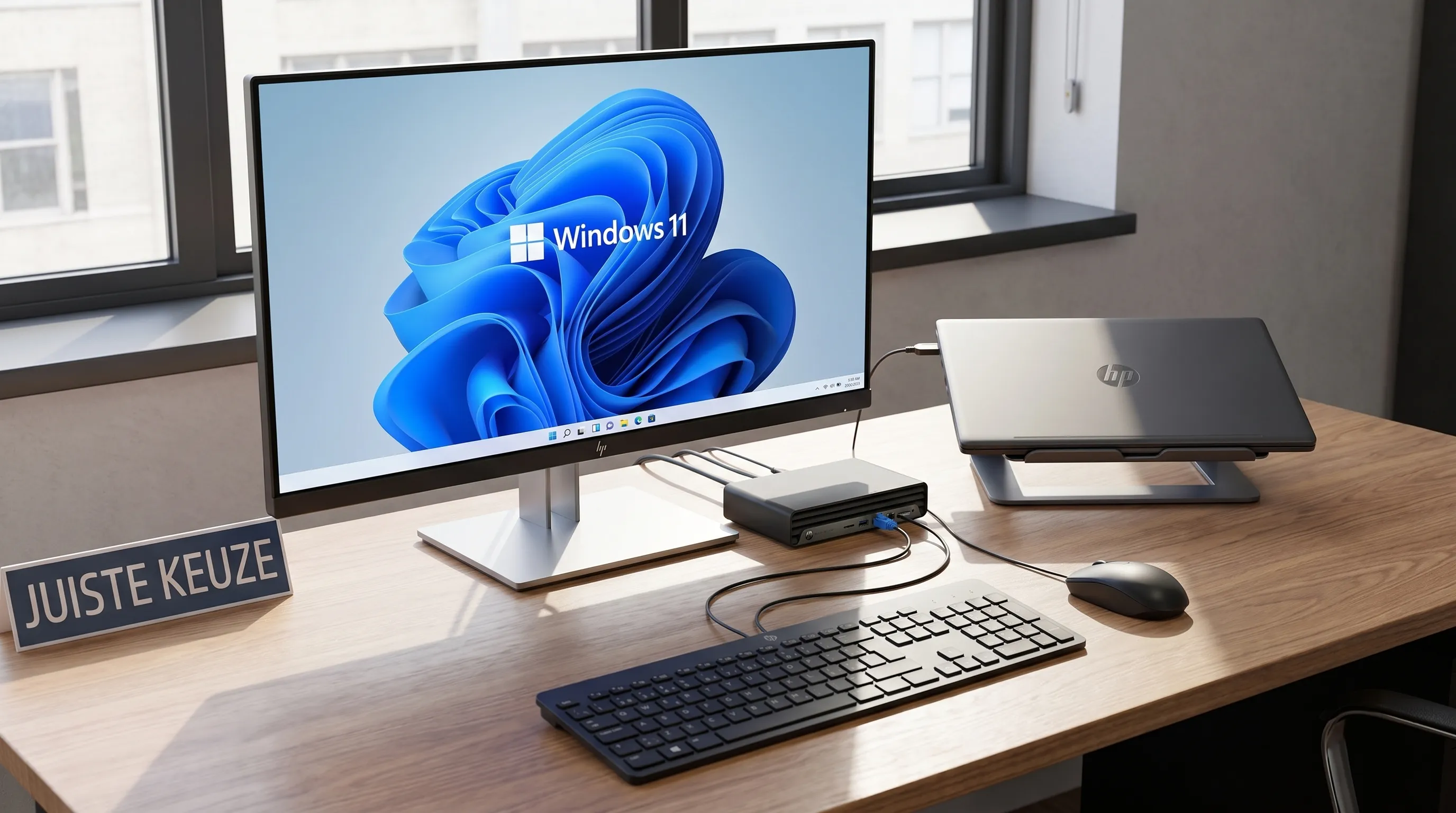 Een zakelijke werkplek met laptop, dock, extern scherm, toetsenbord, muis en netwerkkabel als duidelijke vergelijking voor de juiste keuze.