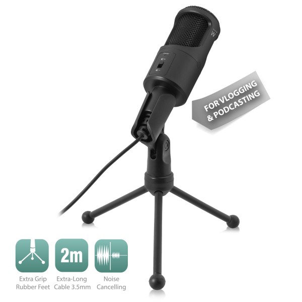 Ewent Mini Tripod Multimedia Microfoon met Noise Canceling, Zwart, EW3552