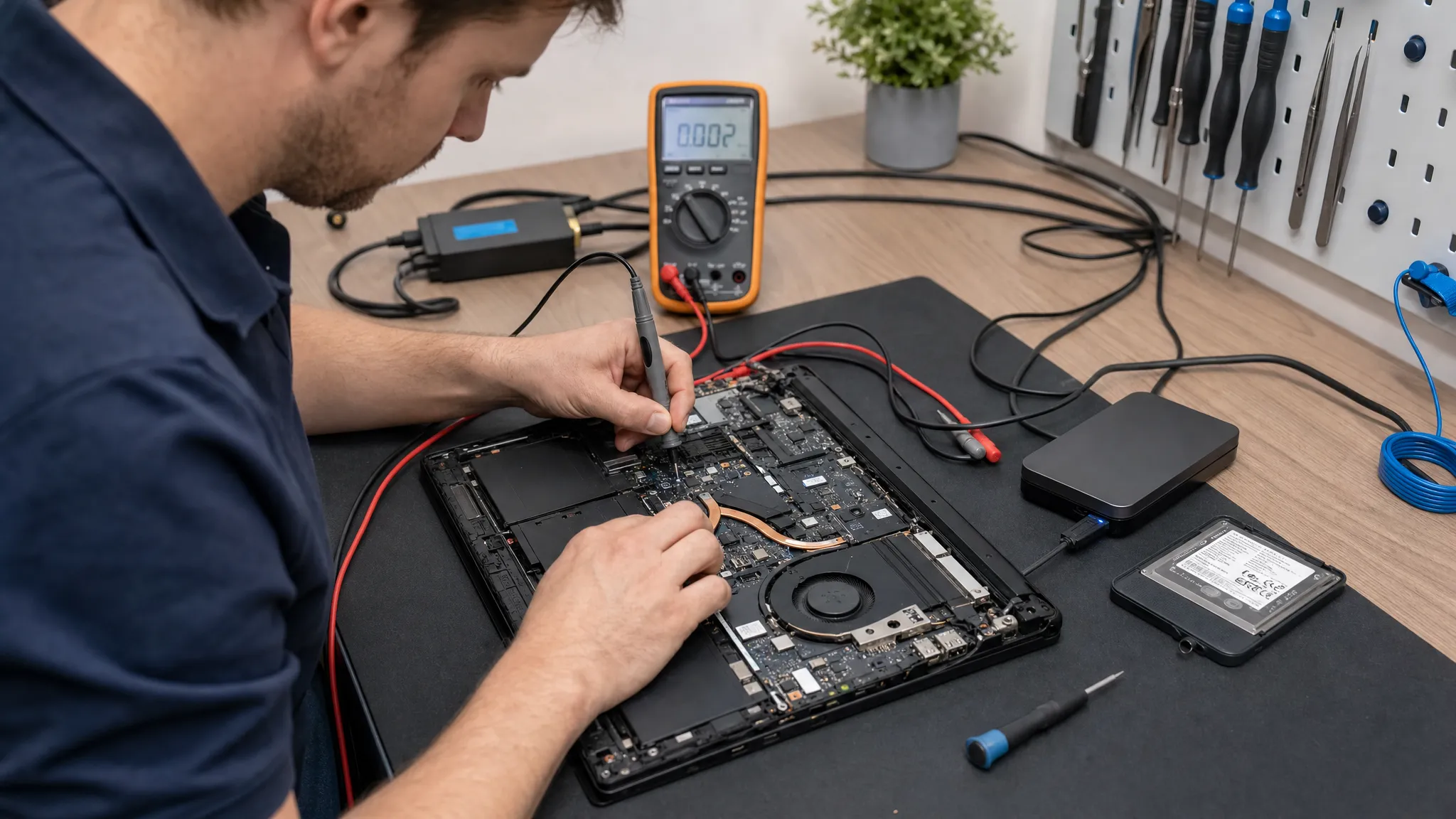 Een technicus onderzoekt een open laptop op een werkbank met meetgereedschap, losgekoppelde kabels en een externe schijf naast het apparaat. De scène laat zorgvuldige diagnose, reparatie en het veiligstellen van gegevens zien.