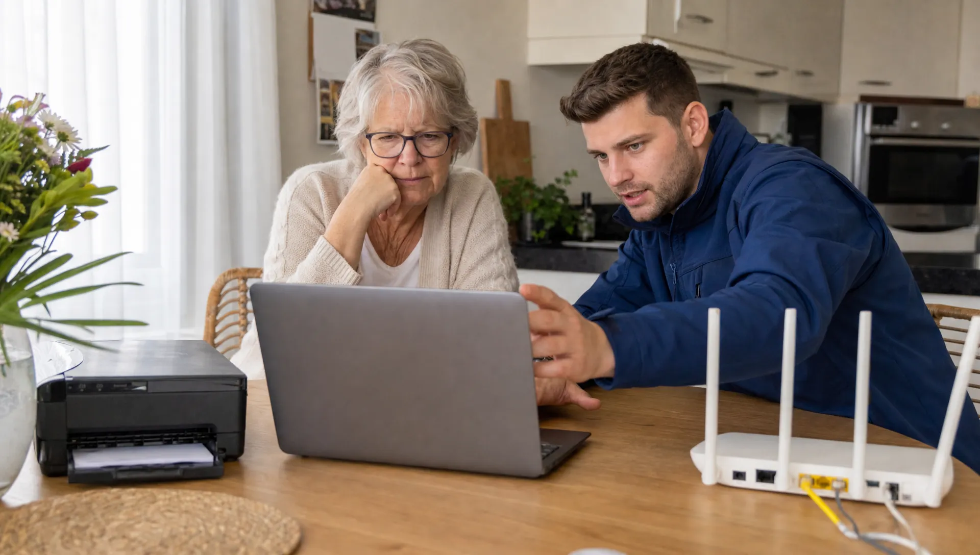Een technische specialist helpt iemand thuis bij een keukentafel met een laptop, printer en wifi-router; de laptop staat met het scherm naar de gebruiker en toont geen leesbare tekst.