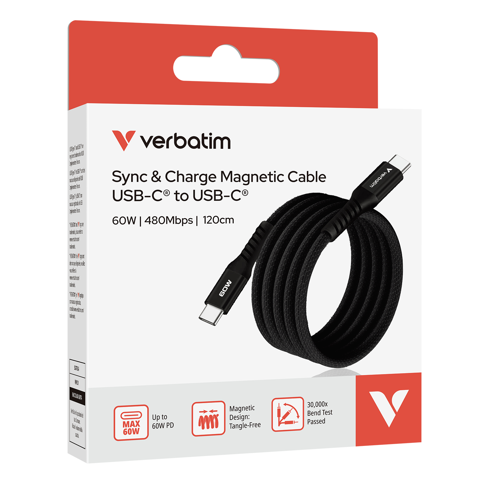 Verbatim Sync & Charge Magnetische Kabel, USB-C, 60W, 1,2m, Zwart