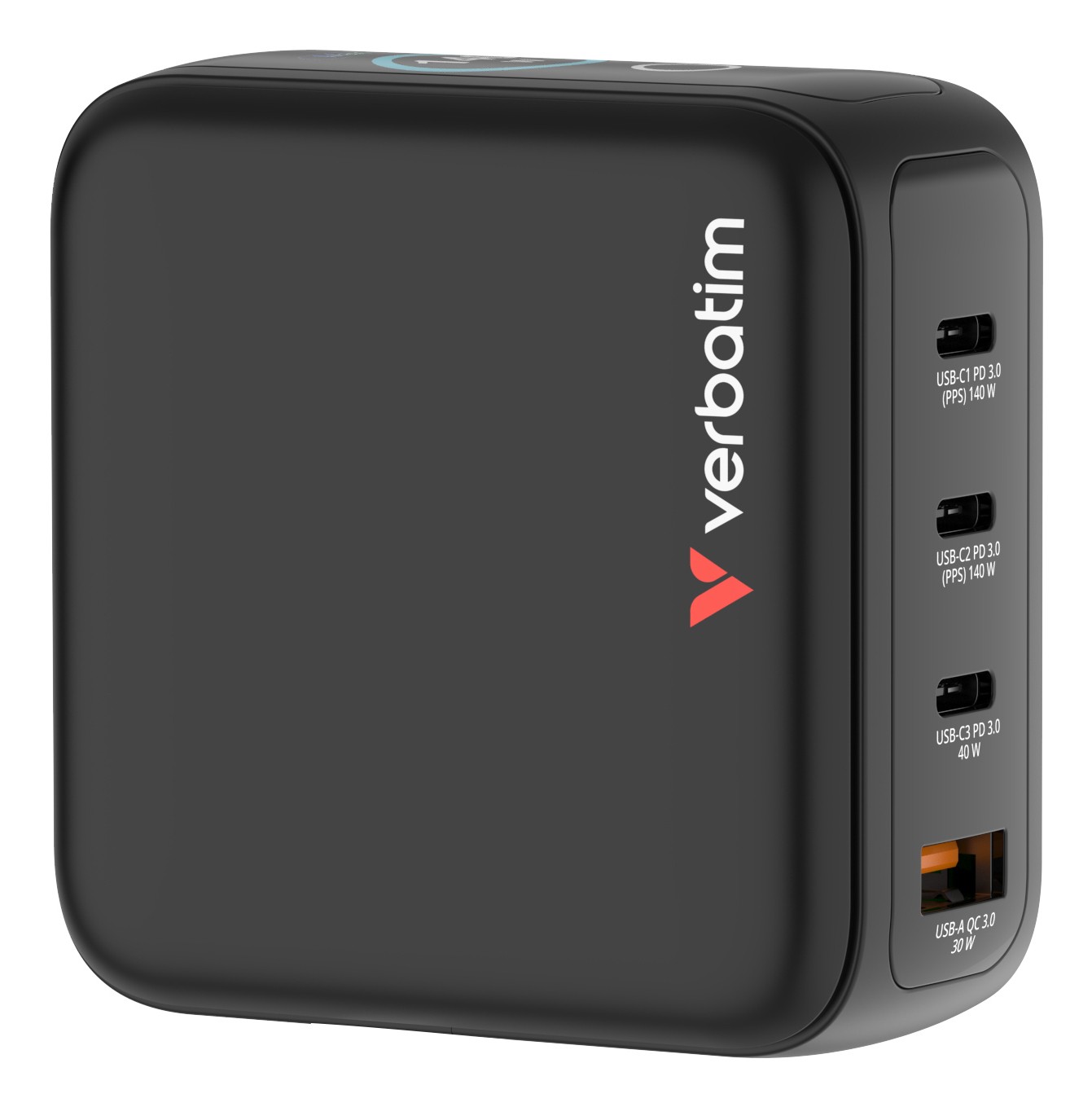 Verbatim Mini GaN Lader met display, 140W, 3x USB-C, 1x USB-A