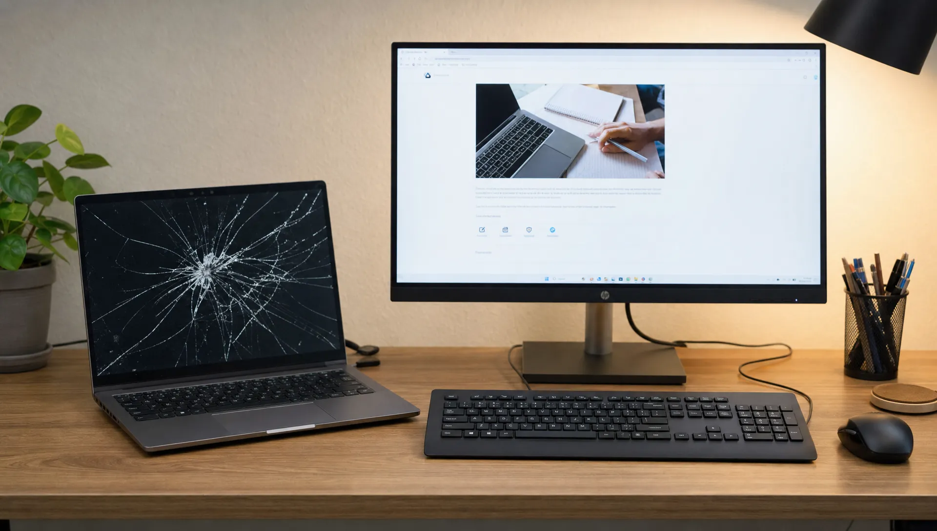 Een laptop met een gebarsten scherm staat naast een extern beeldscherm, toetsenbord en muis op een bureau, zodat je tijdelijk verder kunt werken terwijl reparatie wordt overwogen.