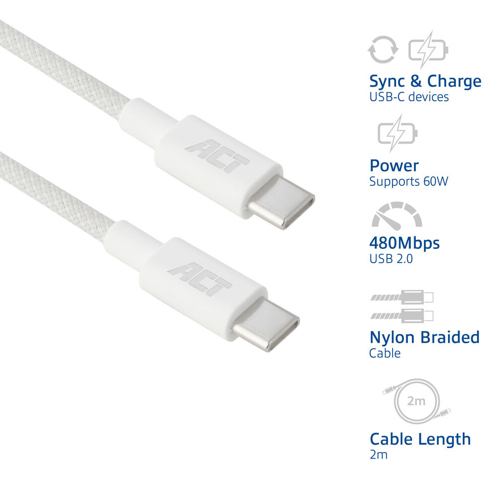 ACT USB-Kabel, USB-C, 60W, 2m, Wit