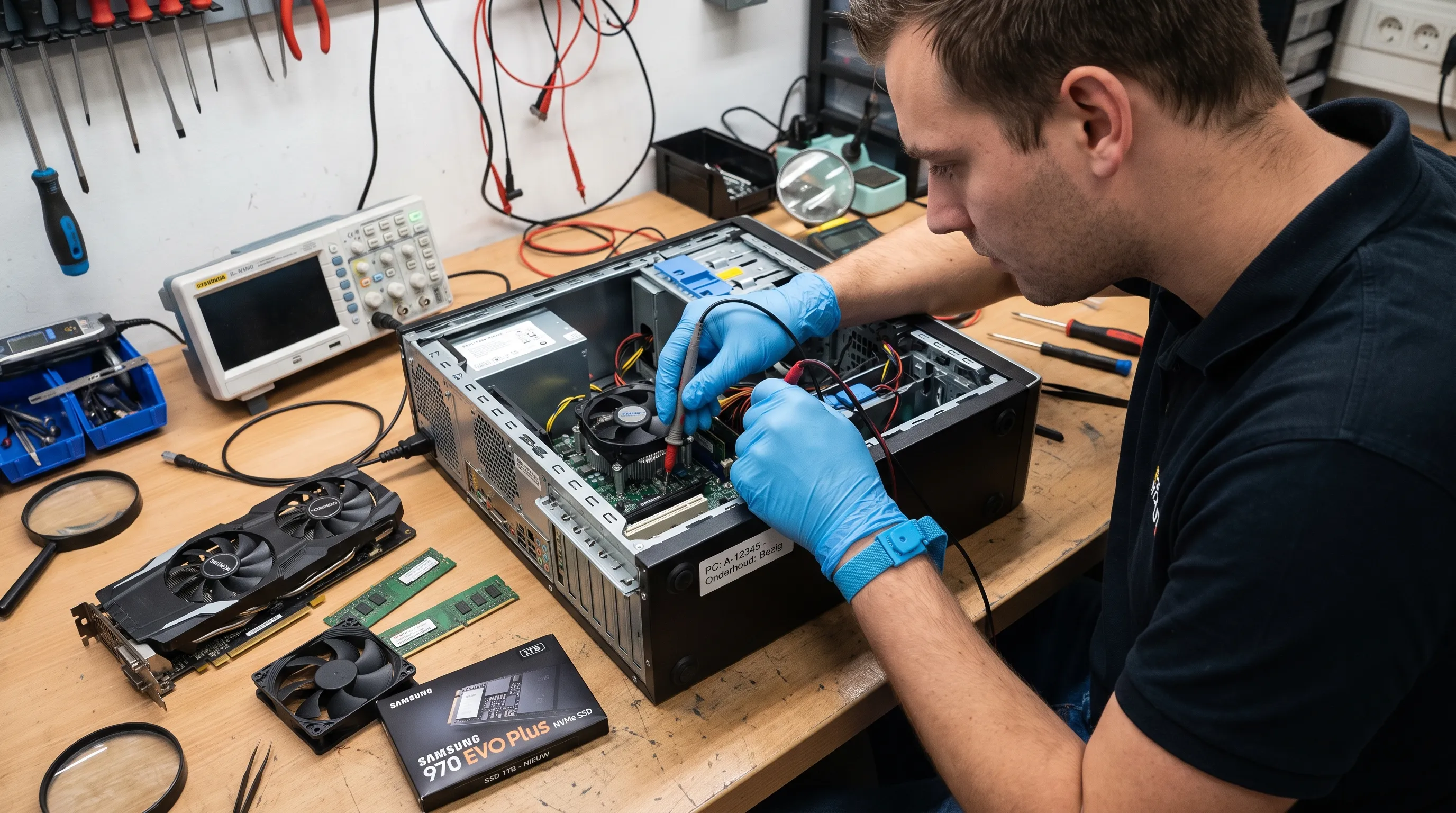 Een technicus onderzoekt een geopende desktop op een werkbank met losse onderdelen, een SSD en testgereedschap naast de kast.