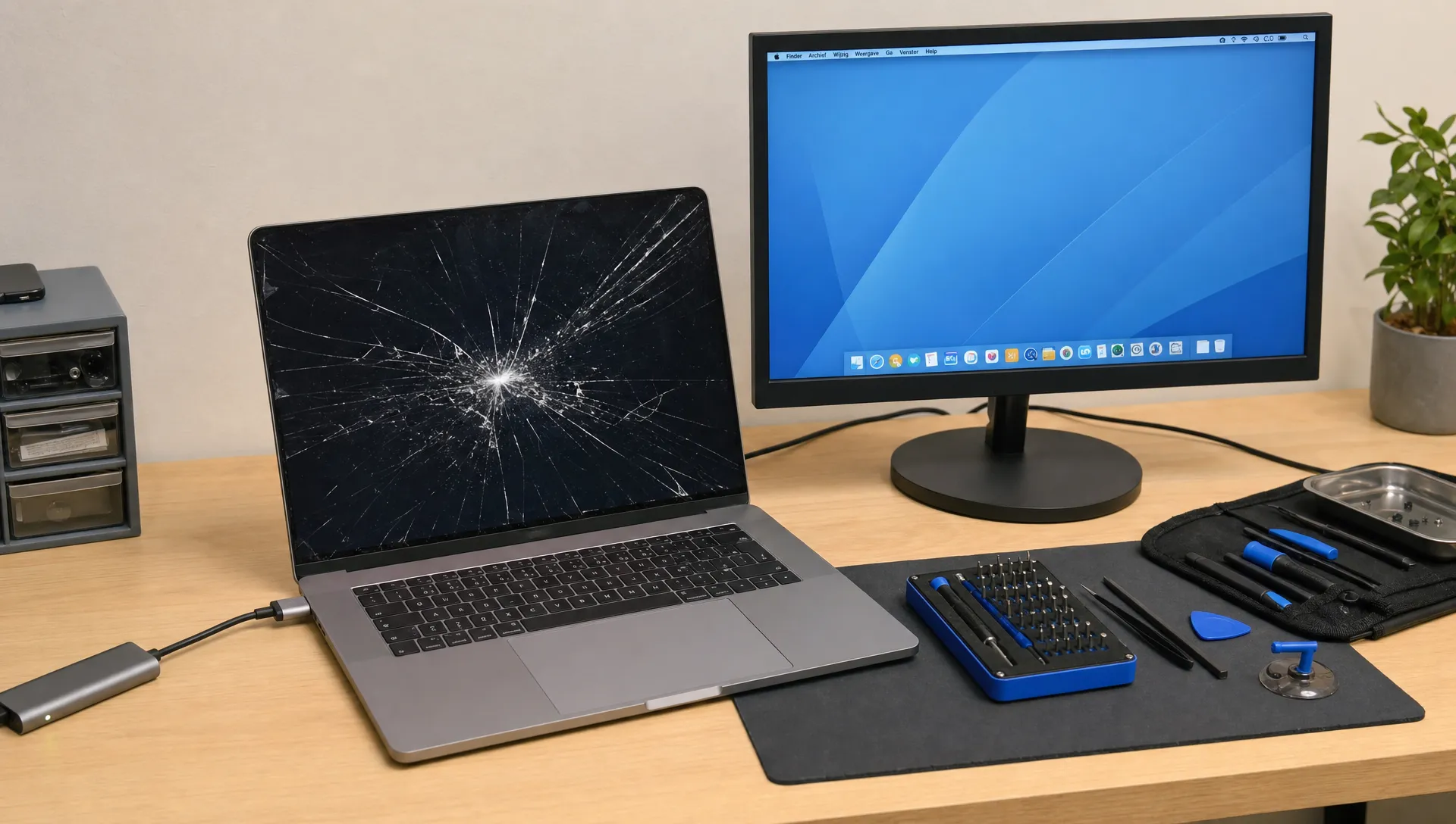 Een geopende laptop met een gebarsten scherm op een nette werkbank, naast klein gereedschap en een externe monitor om te controleren of de laptop verder nog goed werkt.