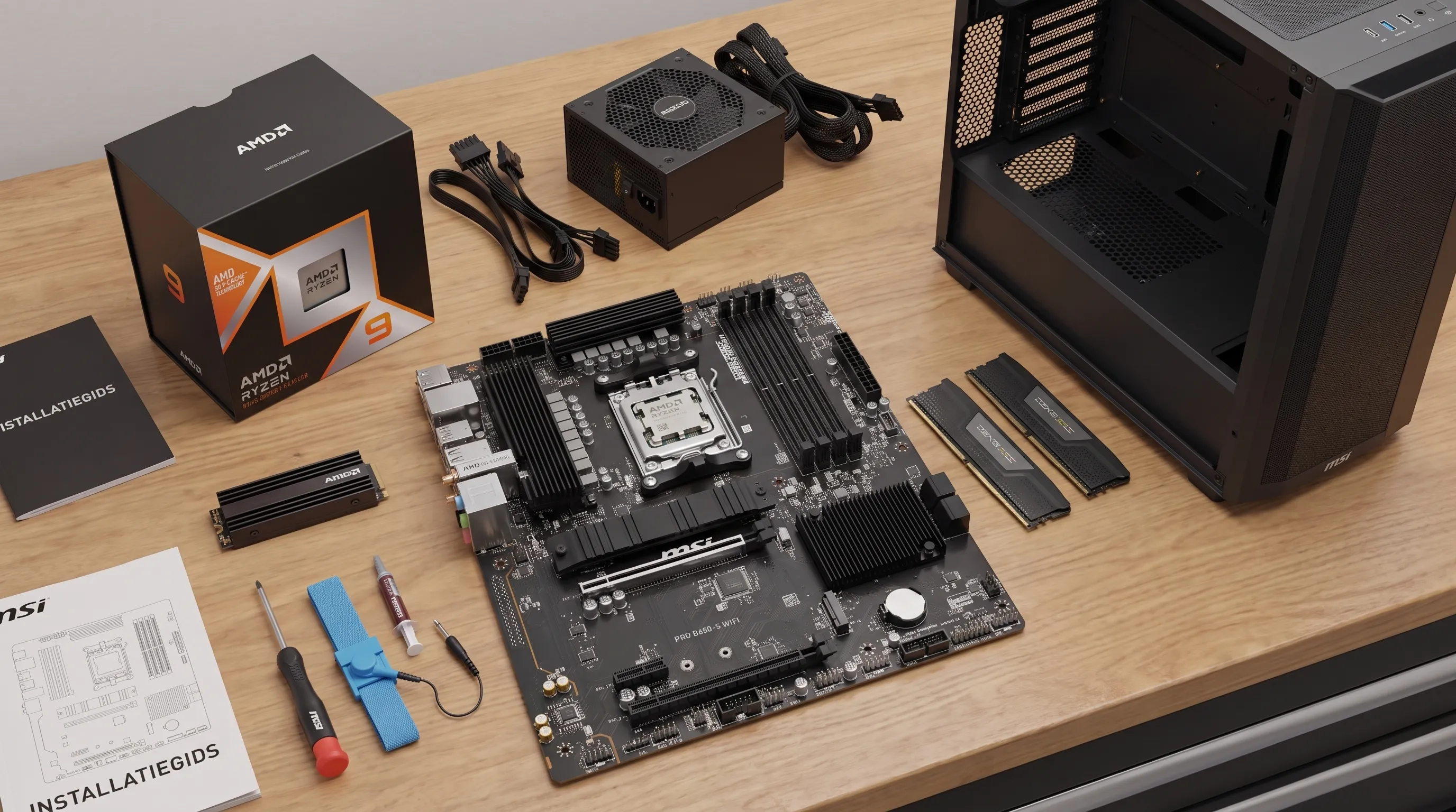 Een werkbank met een moederbord, processor, geheugenmodules, SSD, voeding en behuizing die klaar liggen voor het samenstellen van een computer.