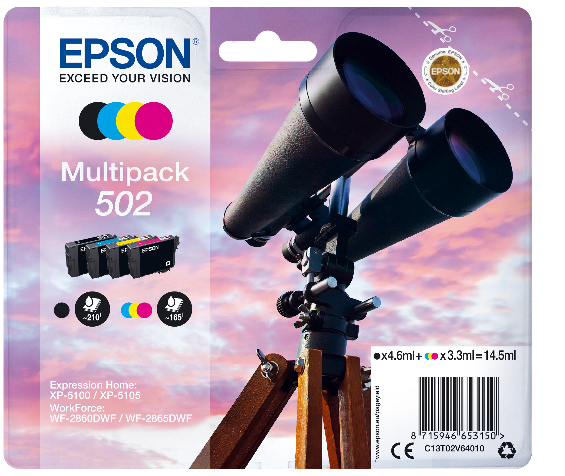 Epson inkt, 502, Verrekijker, BK/C/M/Y Multipack