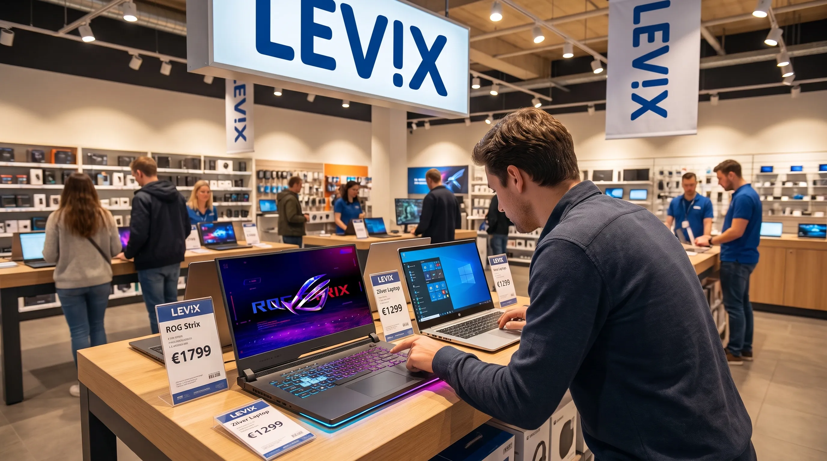 Een klant vergelijkt in de winkel twee open laptops op scherm, toetsenbord en aansluitingen om een nieuwe laptop te kiezen.
