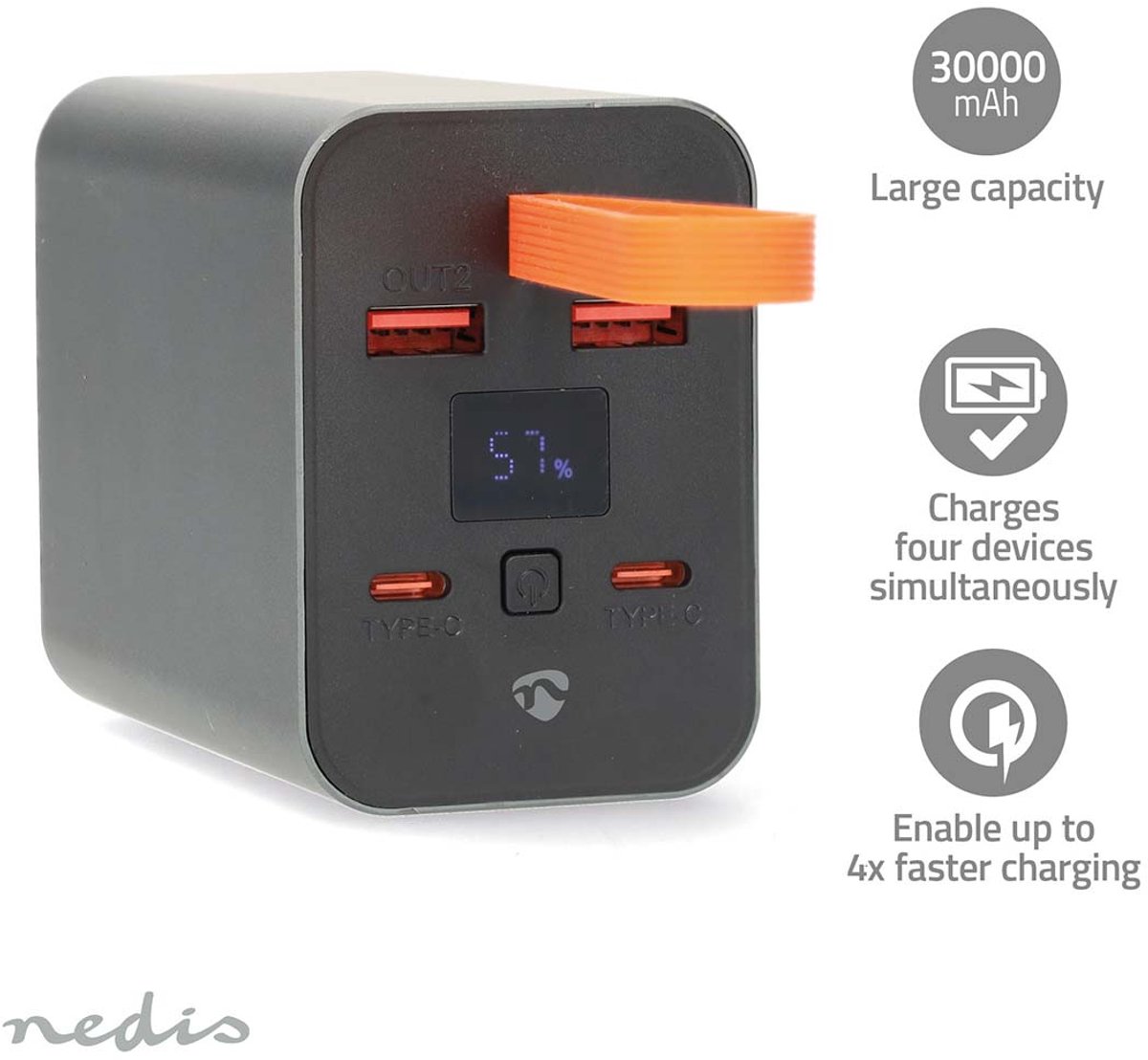 Nedis Powerbank, 30000 mAh, 2x USB-A, 2x USB-C, PD3.0 100W